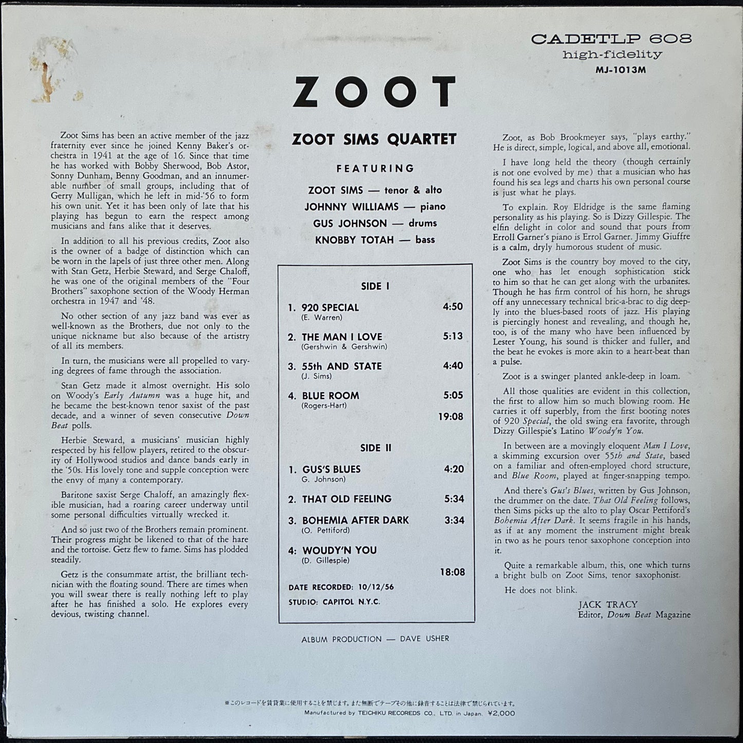 ZOOT SIMS QUARTET - ZOOT (USED VINYL 1983 JAPAN M-/EX-)