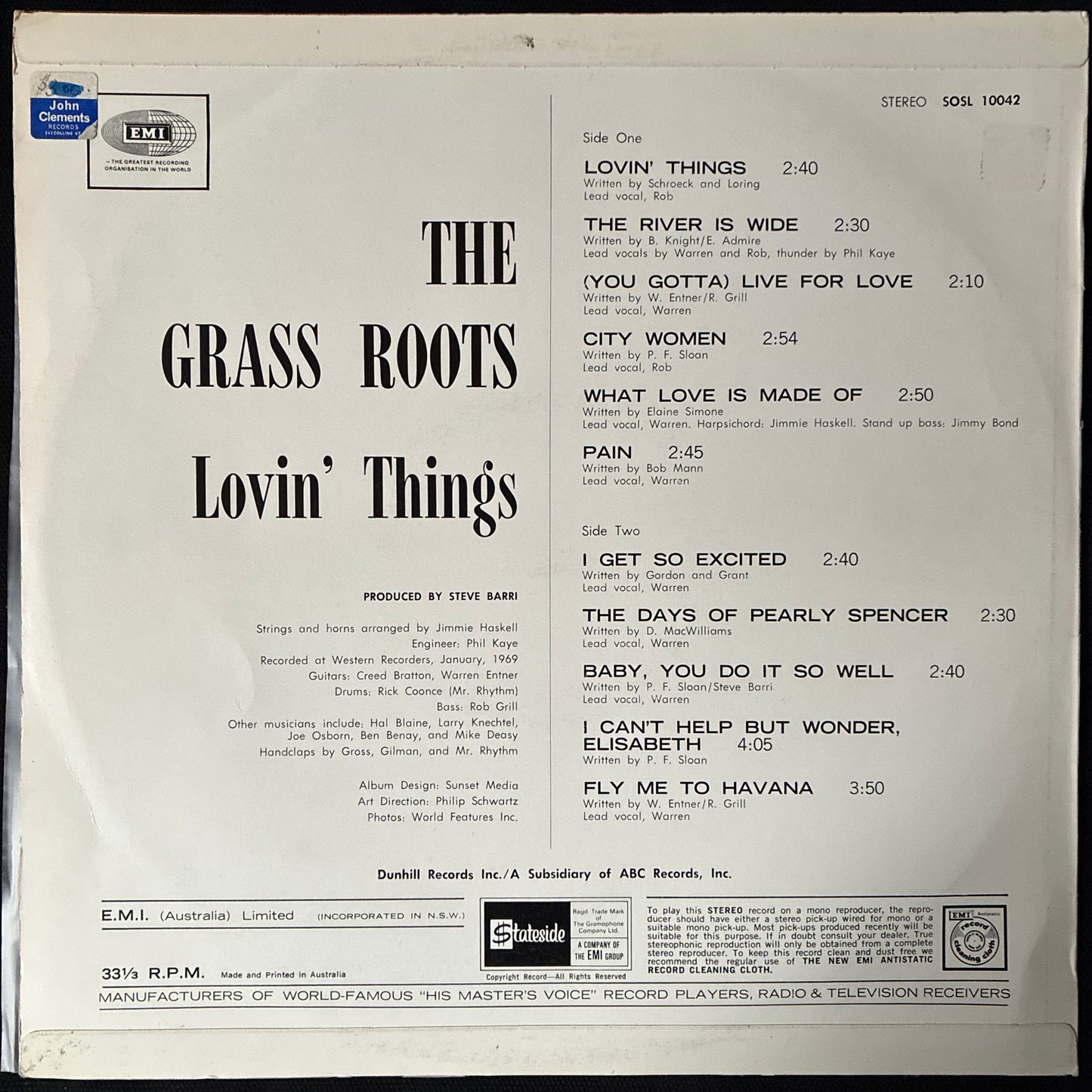 GRASS ROOTS - LOVIN' THINGS (USED VINYL 1969 AUS M-/EX)