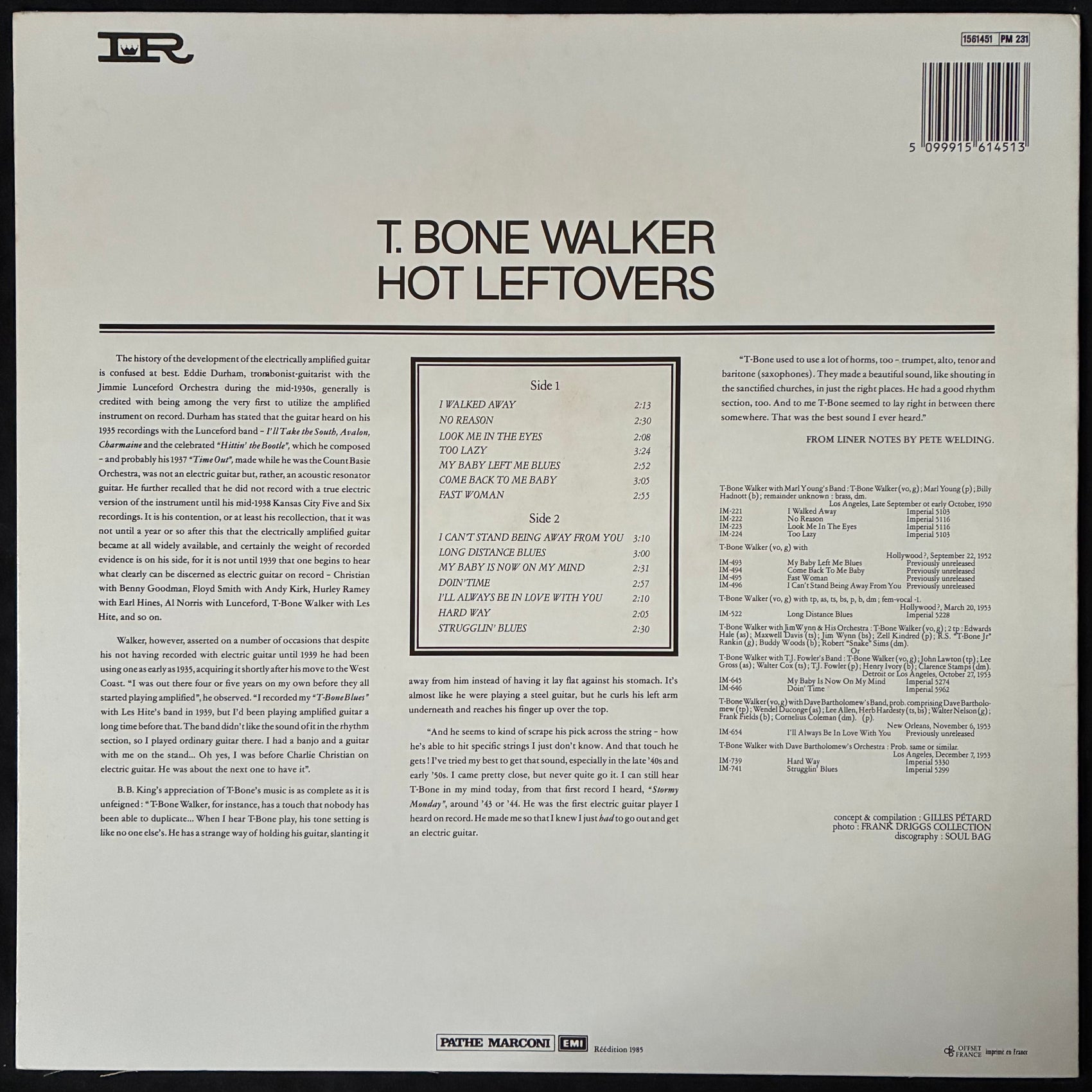 T-BONE WALKER - HOT LEFTOVERS (USED VINYL 1985 FRANCE M-/M-)