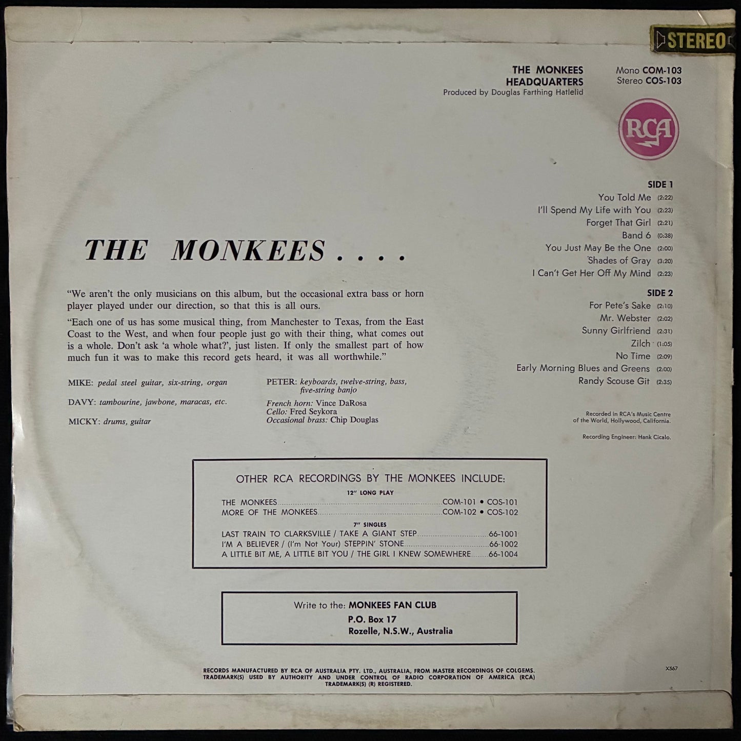 MONKEES - HEADQUARTERS (USED VINYL 1967 AUS M-/VG+)