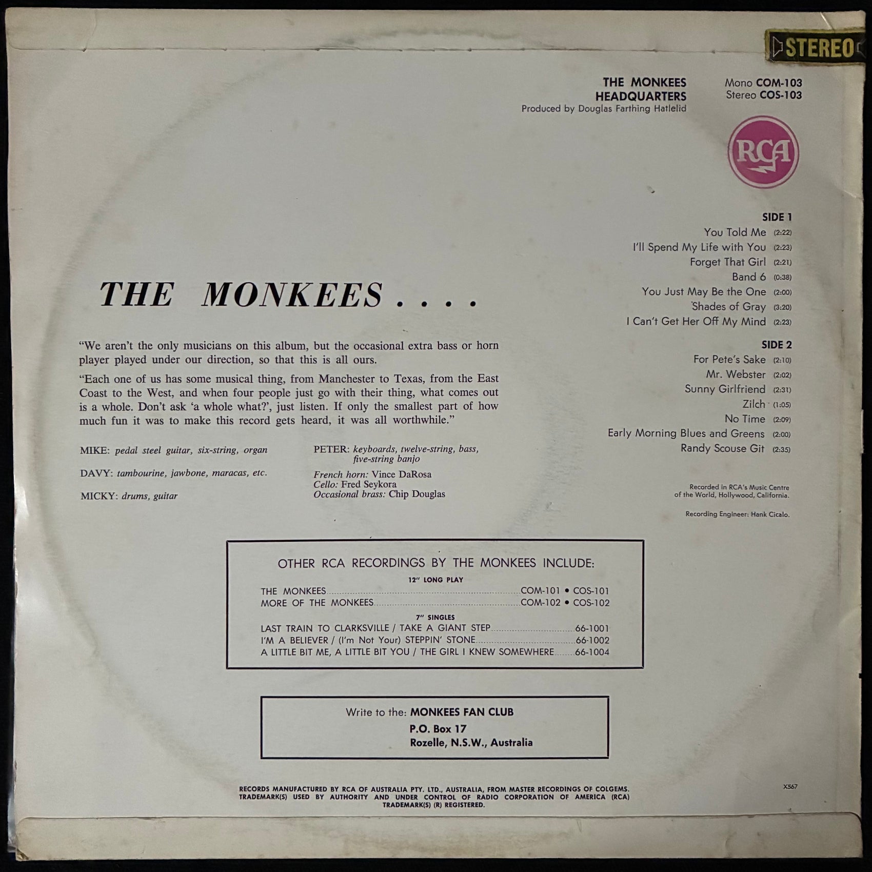 MONKEES - HEADQUARTERS (USED VINYL 1967 AUS M-/VG+)