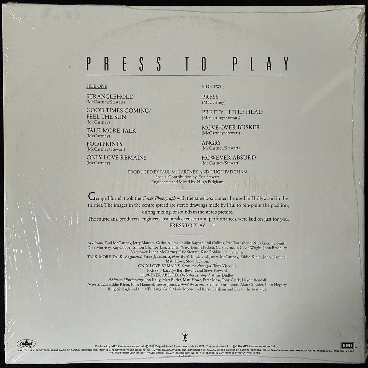 PAUL MCCARTNEY - PRESS TO PLAY (USED VINYL 1986 CANADA M-/M-)
