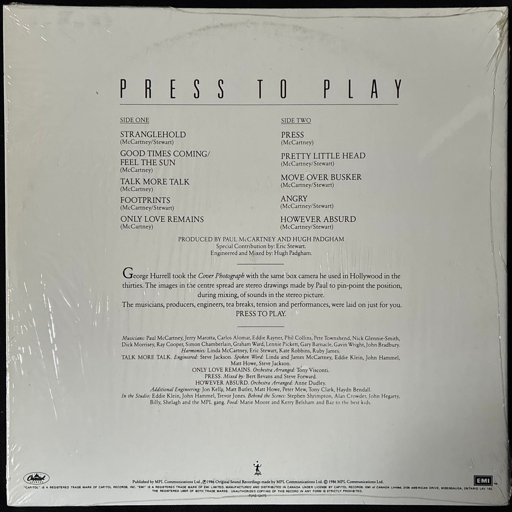 PAUL MCCARTNEY - PRESS TO PLAY (USED VINYL 1986 CANADA M-/M-)