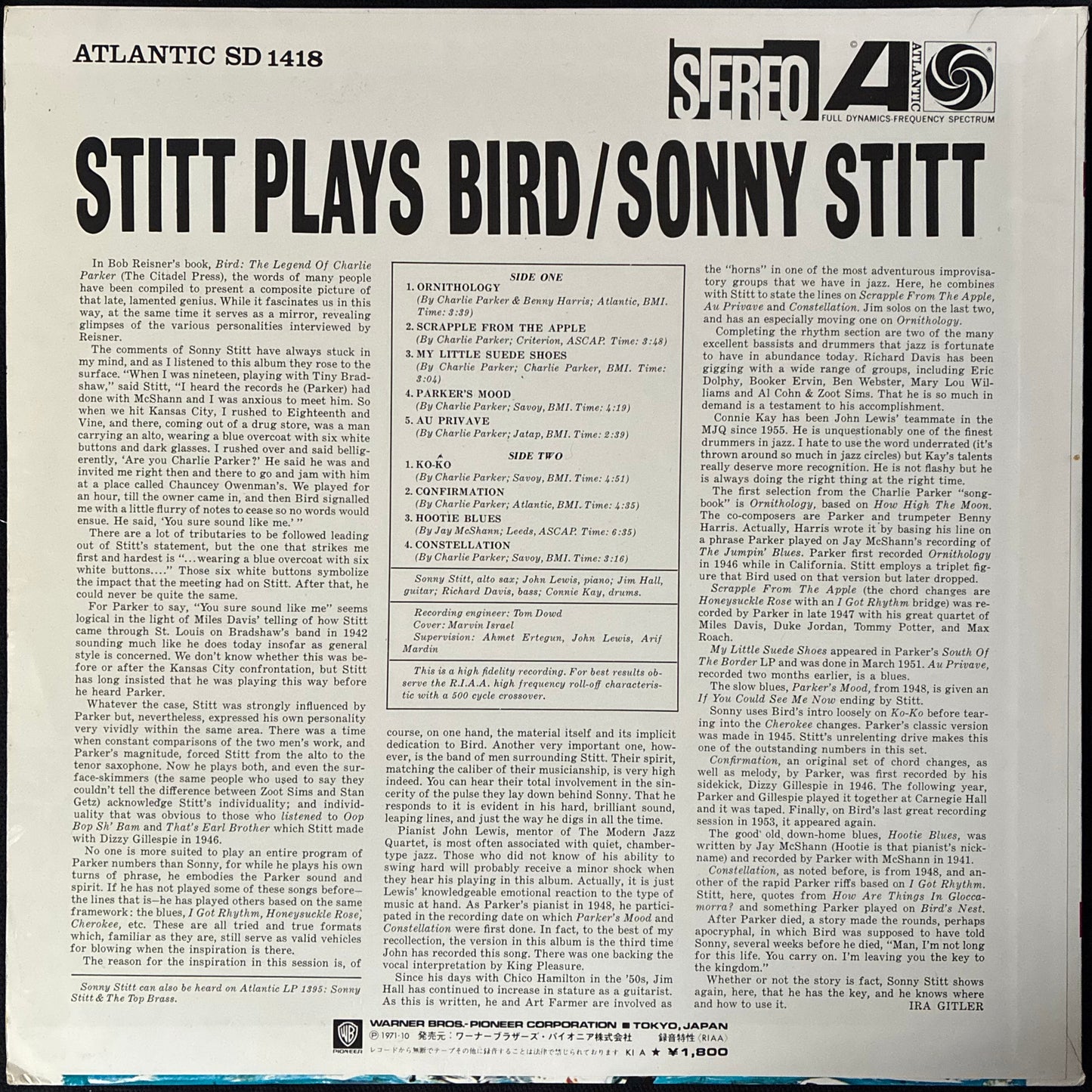 SONNY STITT - STITT PLAYS BIRD (USED VINYL 1972 JAPAN EX+/EX+)