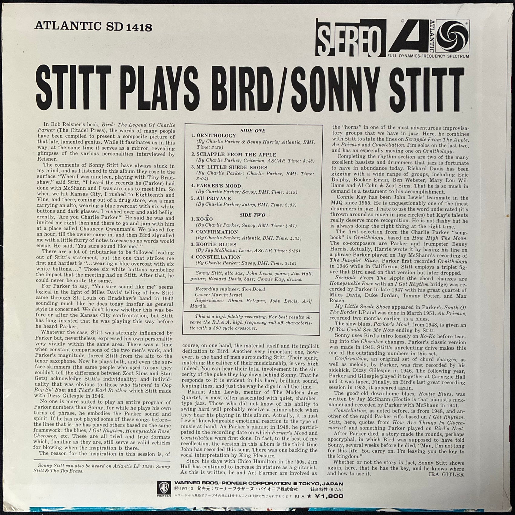 SONNY STITT - STITT PLAYS BIRD (USED VINYL 1972 JAPAN EX+/EX+)
