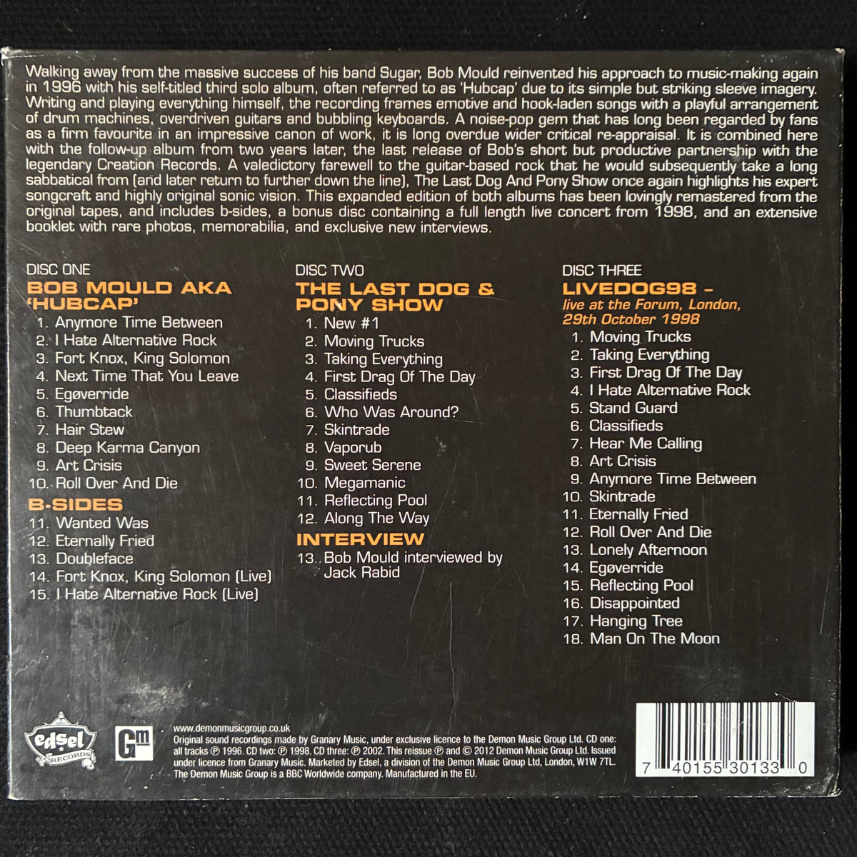 BOB MOULD - BOB MOULD + THE LAST DOG AND PONY SHOW + LIVEDOG98 (3CD SET) (USED CD 2012 EU M-/EX+)