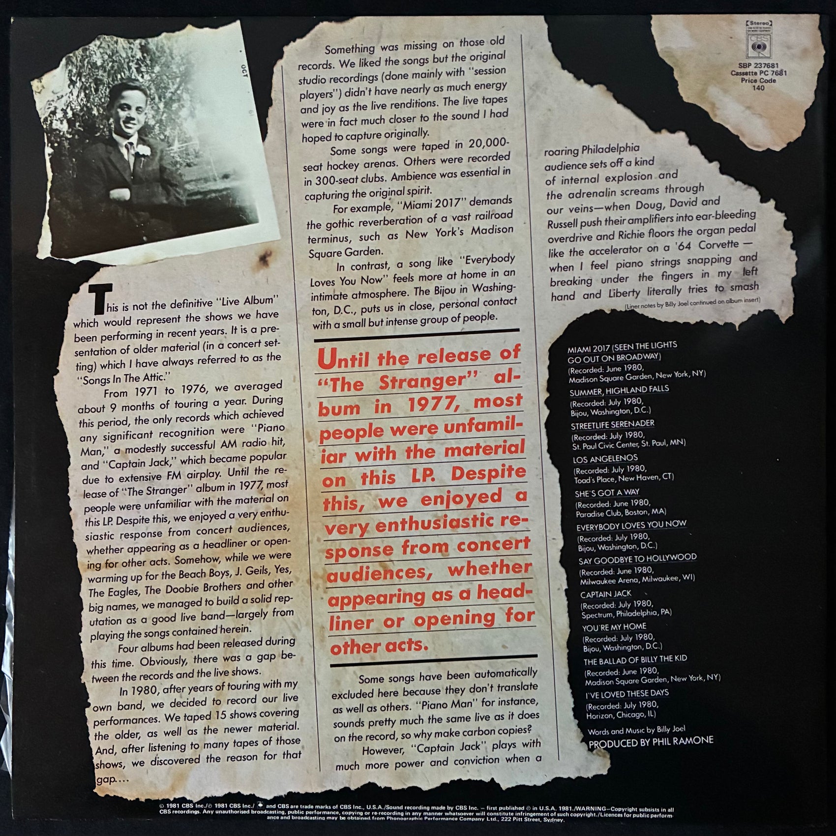 BILLY JOEL - SONGS IN THE ATTIC (USED VINYL 1981 AUS EX+/M-)