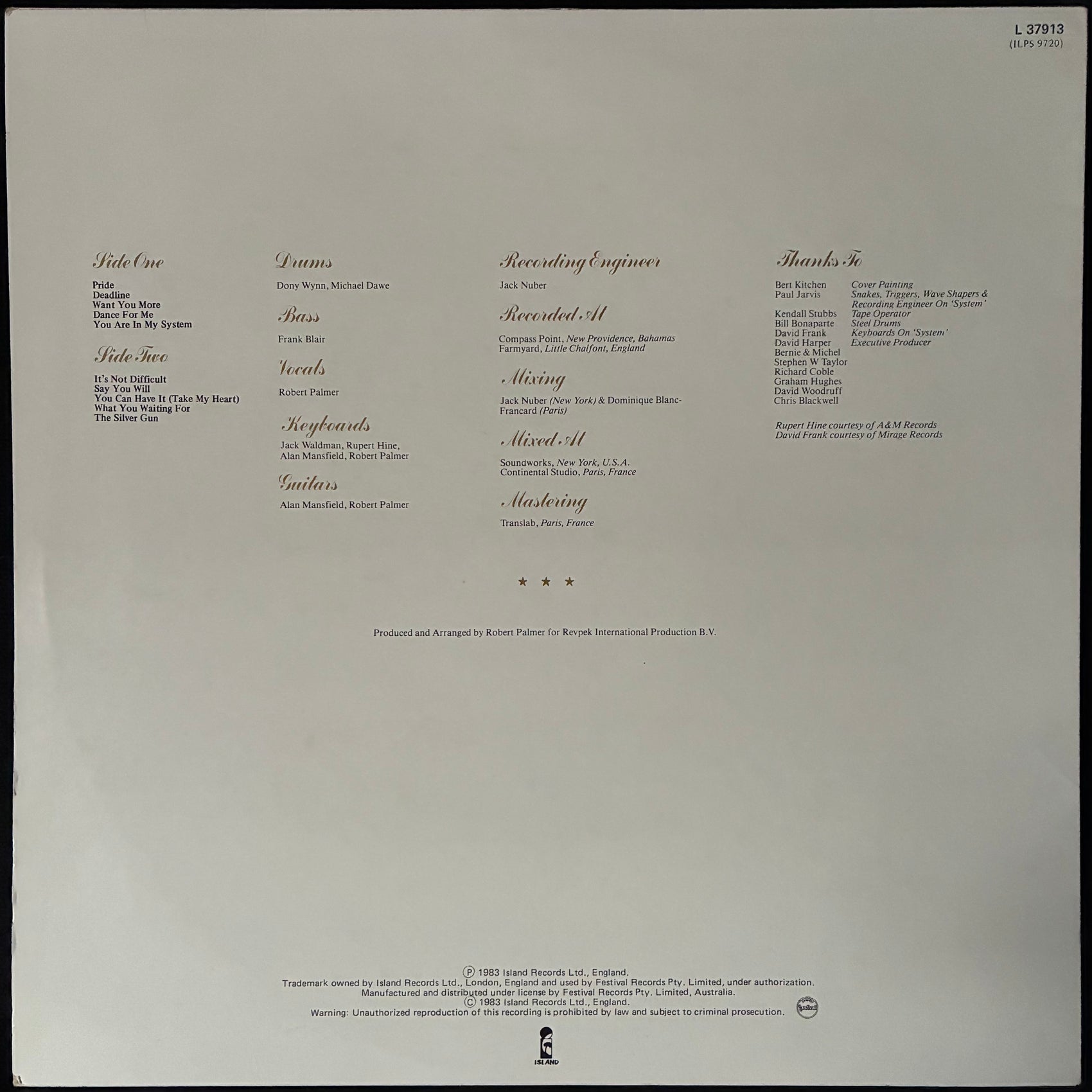 ROBERT PALMER - PRIDE (USED VINYL 1983 AUS M-/M-)
