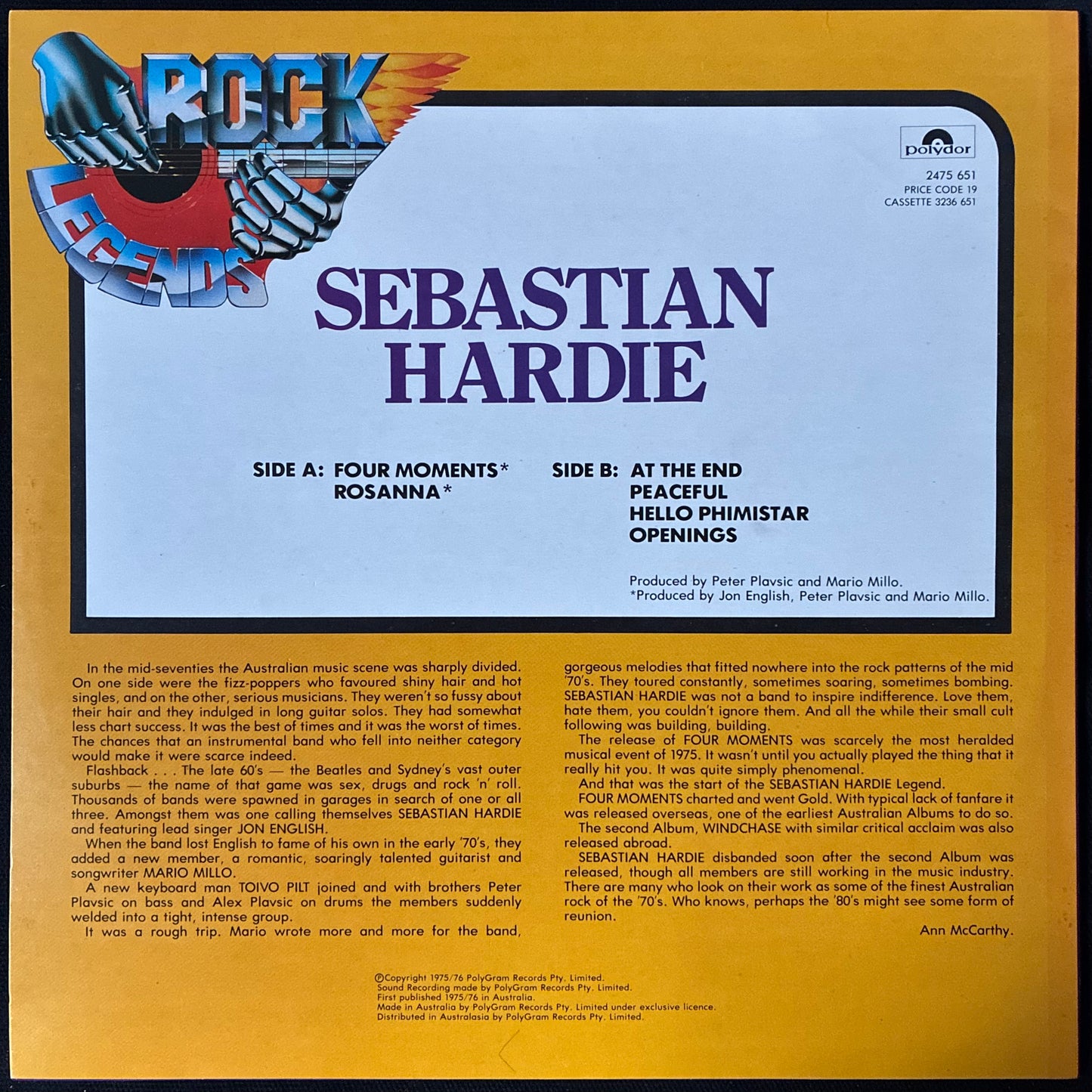 SEBASTIAN HARDIE - ROCK LEGENDS (USED VINYL 1980 AUS M-/M-)