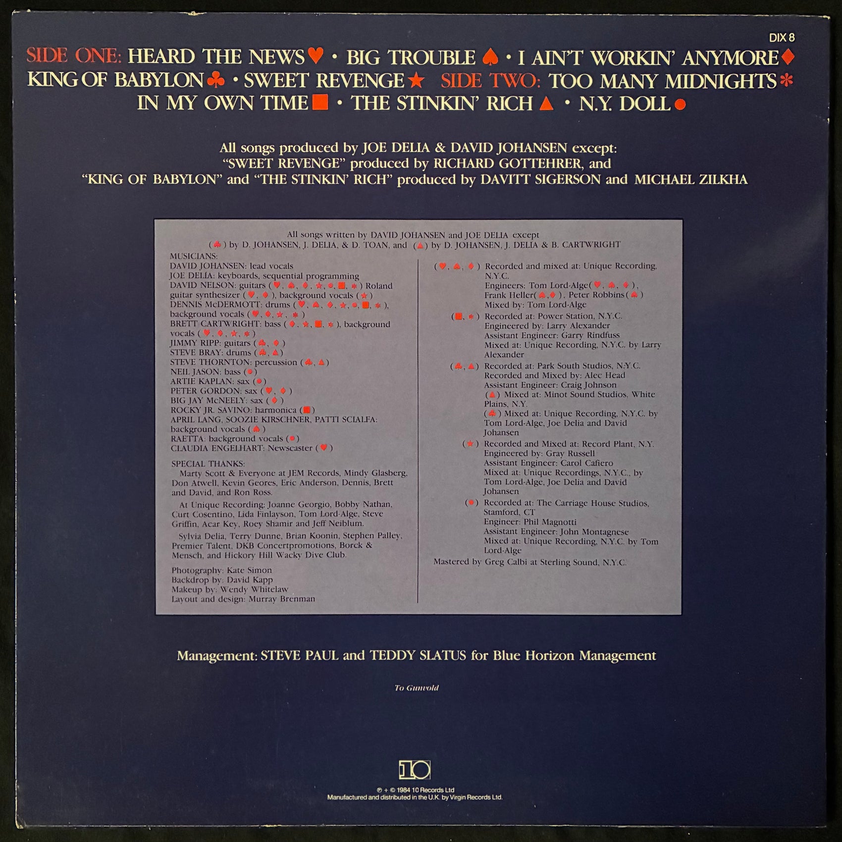 DAVID JOHANSEN - SWEET REVENGE (USED VINYL 1984 UK M-/M-)