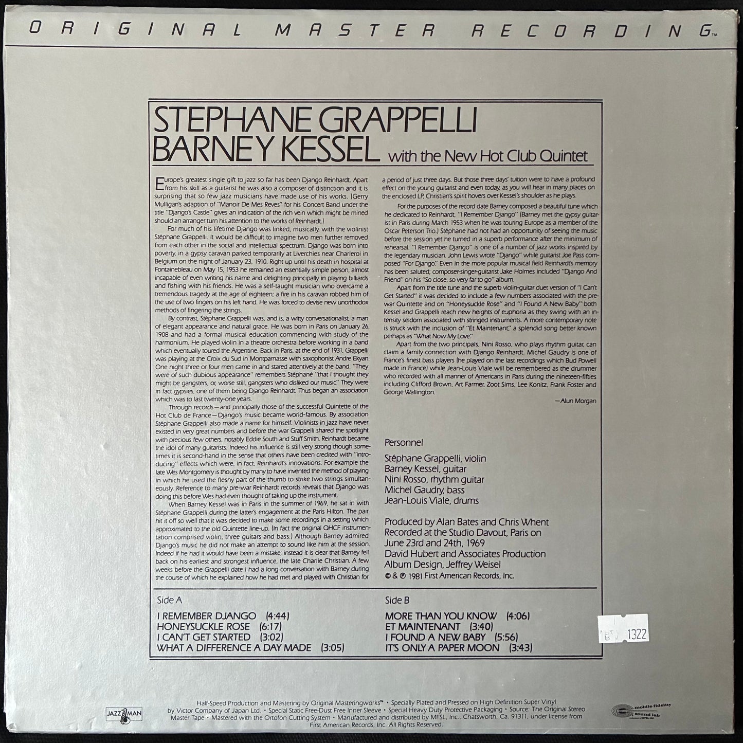 STEPHANE GRAPPELLI AND BARNEY KESSEL - I REMEBER DJANGO (MFSL) (USED VINYL 1981 US M-/EX+)