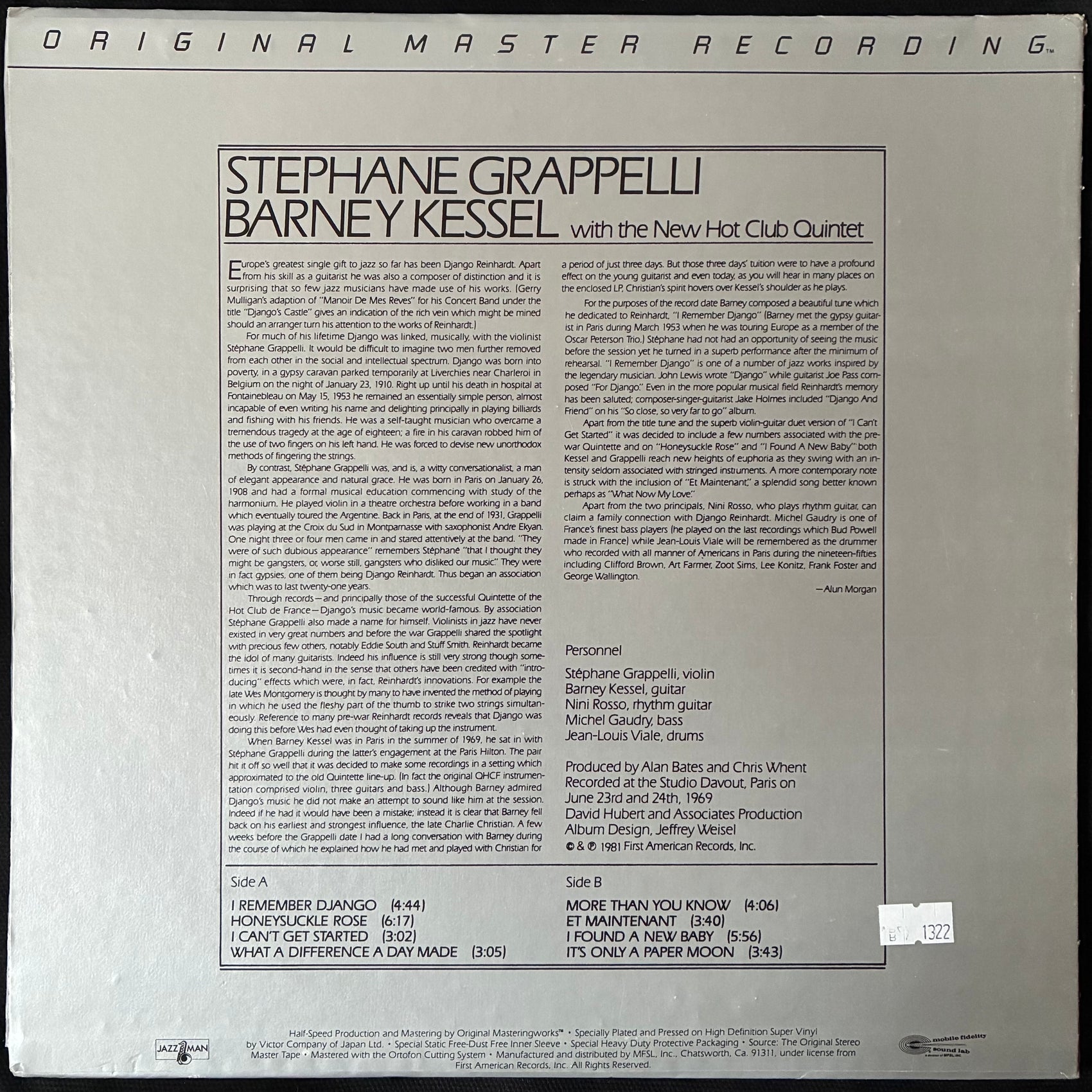 STEPHANE GRAPPELLI AND BARNEY KESSEL - I REMEBER DJANGO (MFSL) (USED VINYL 1981 US M-/EX+)