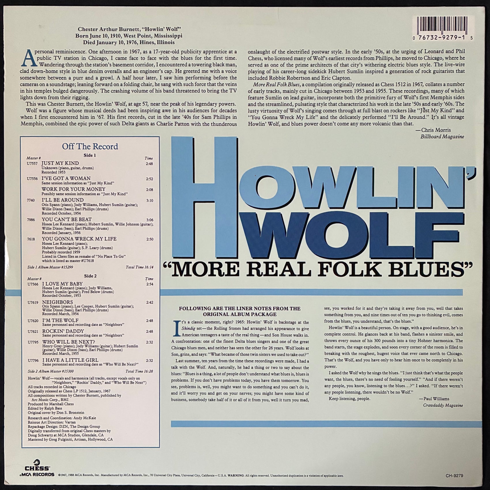 HOWLIN' WOLF - MORE REAL FOLK BLUES (USED VINYL 1988 US M-/EX+)