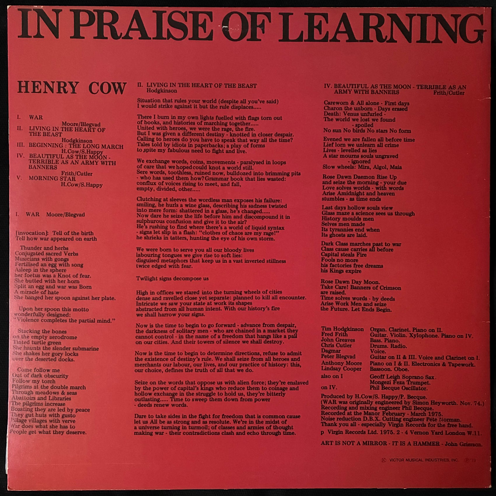 HENRY COW - IN PRAISE OF LEARNING (USED VINYL 1979 JAPAN M-/EX+)