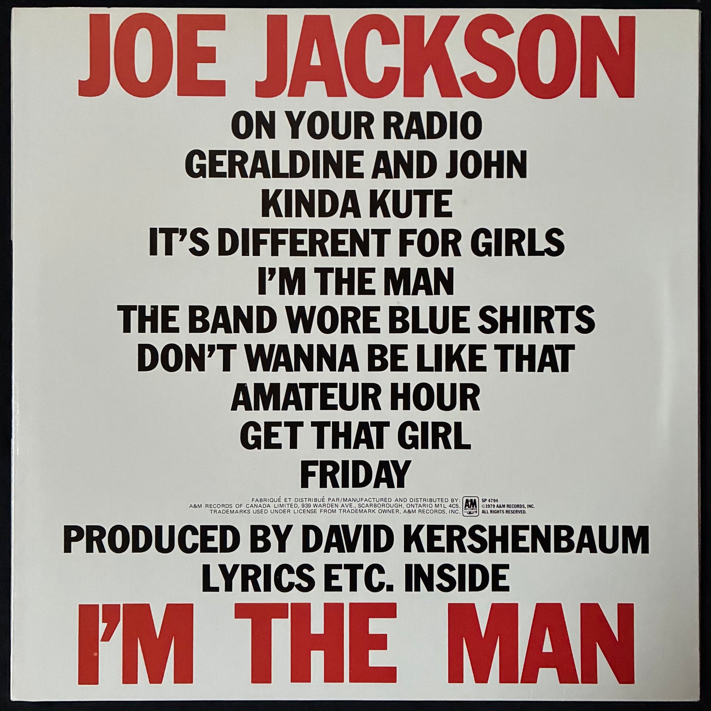JOE JACKSON - I'M THE MAN (USED VINYL 1979 CANADA M-/M-)