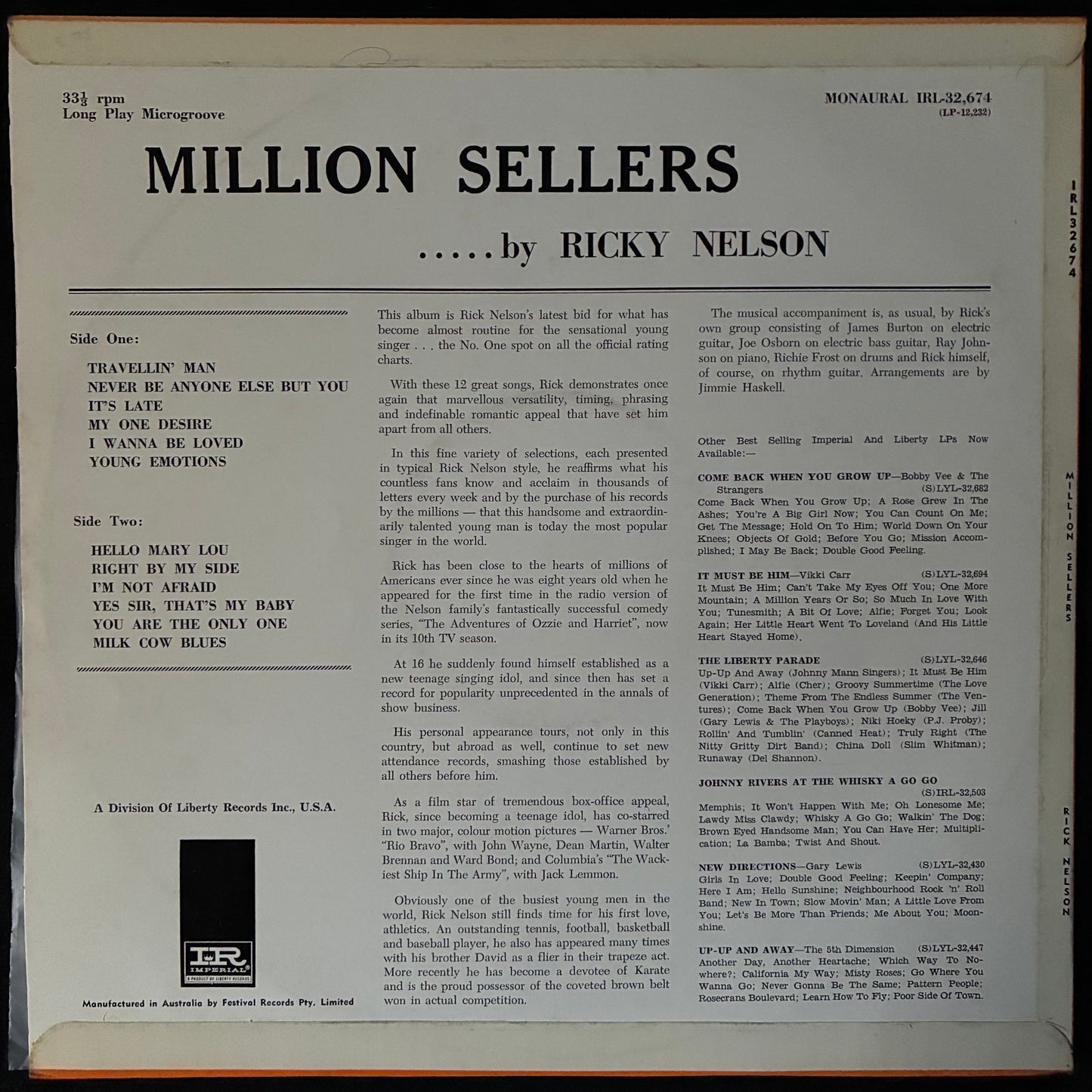 RICK NELSON - MILLION SELLERS (USED VINYL 1963 AUS M-/EX)