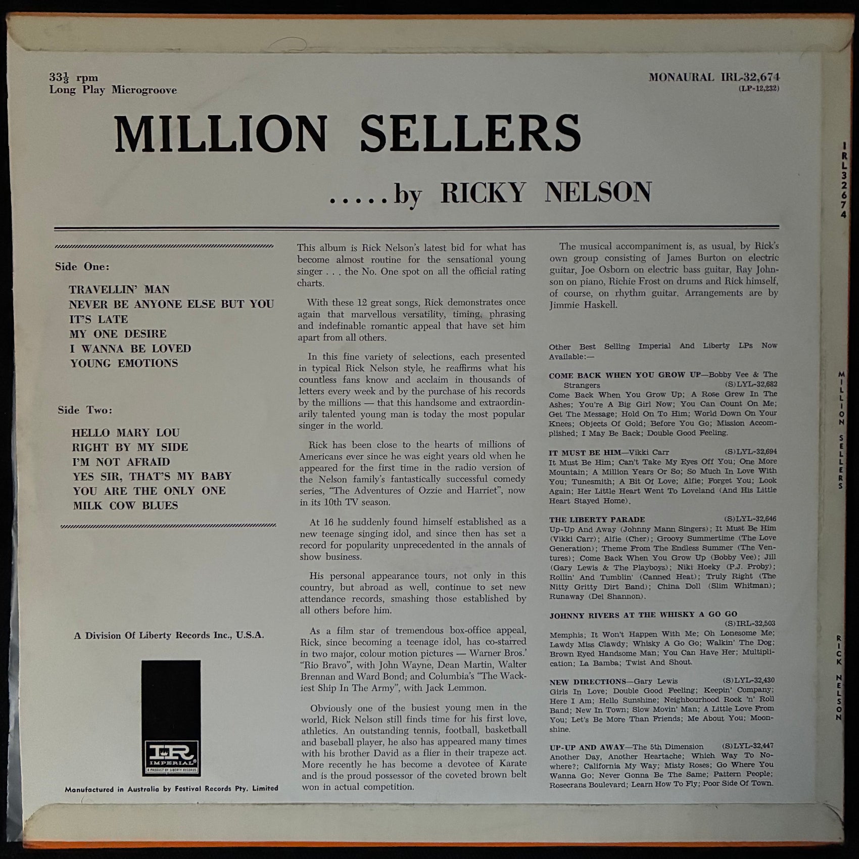 RICK NELSON - MILLION SELLERS (USED VINYL 1963 AUS M-/EX)