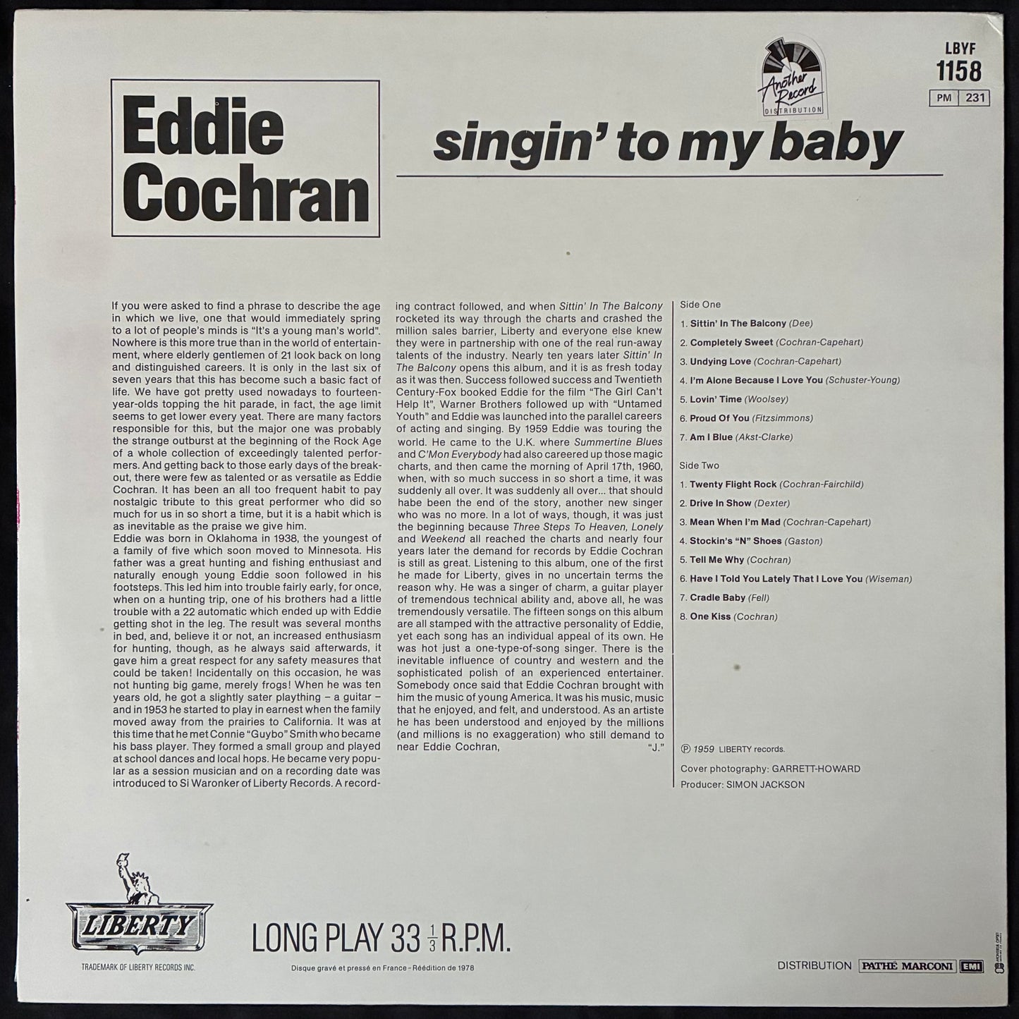 EDDIE COCHRAN - SINGIN' TO MY BABY (USED VINYL 1978 FRANCE M-/M-)