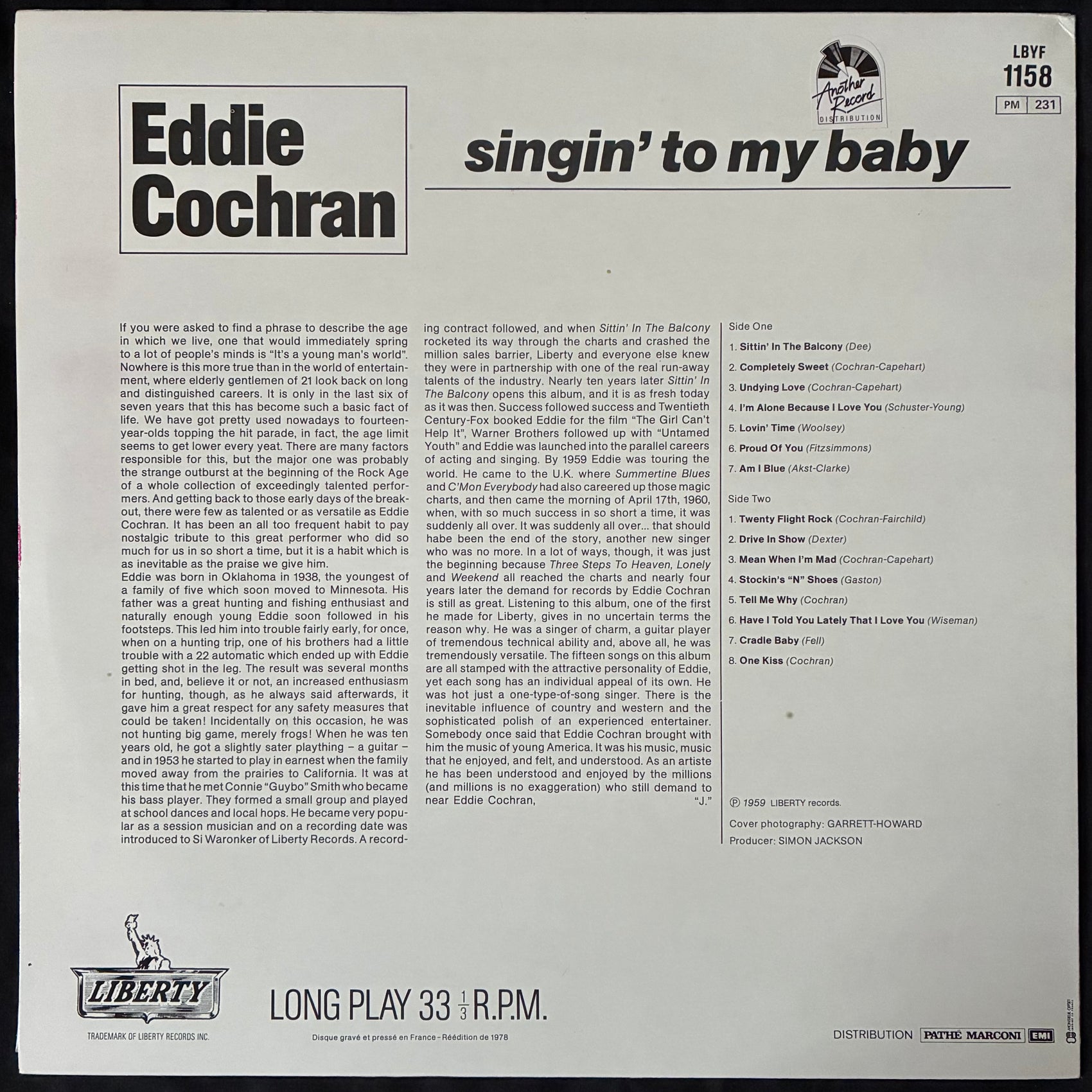 EDDIE COCHRAN - SINGIN' TO MY BABY (USED VINYL 1978 FRANCE M-/M-)