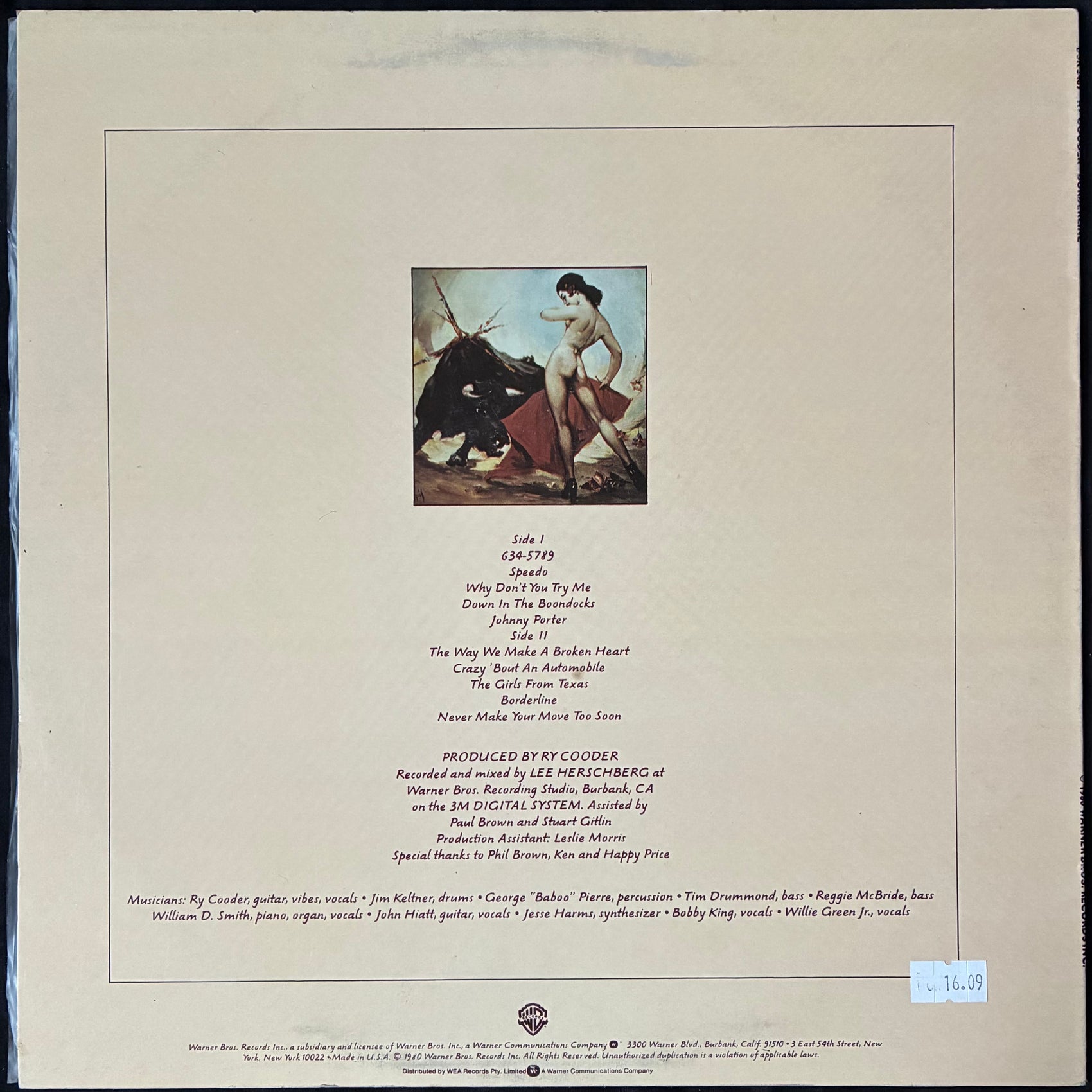 RY COODER - BORDERLINE (USED VINYL 1980 AUS M-/EX)
