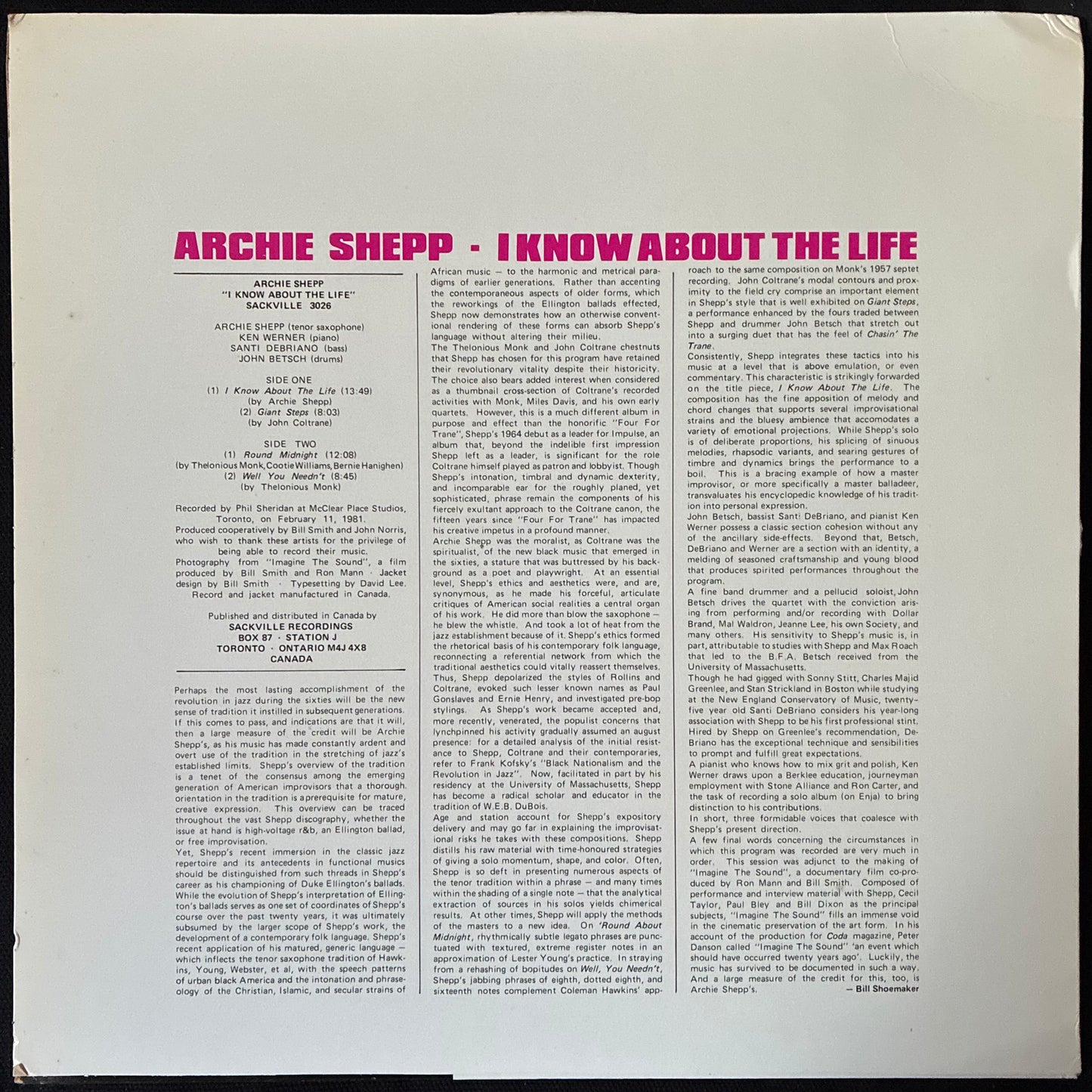 ARCHIE SHEPP - I KNOW ABOUT THE LIFE (USED VINYL 1981 US M-/EX)