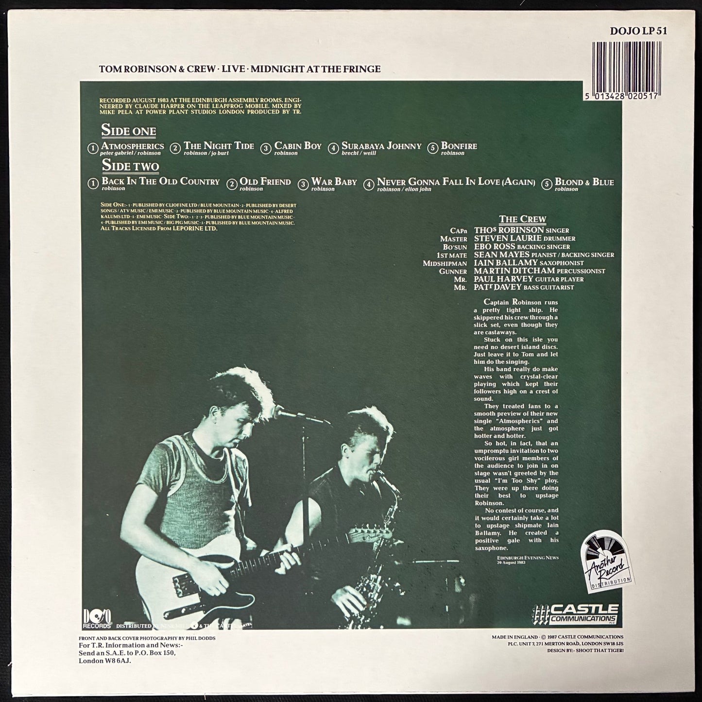 TOM ROBINSON AND CREW - LIVE : MIDNIGHT AT THE FRINGE (USED VINYL 1987 UK M-/EX+)