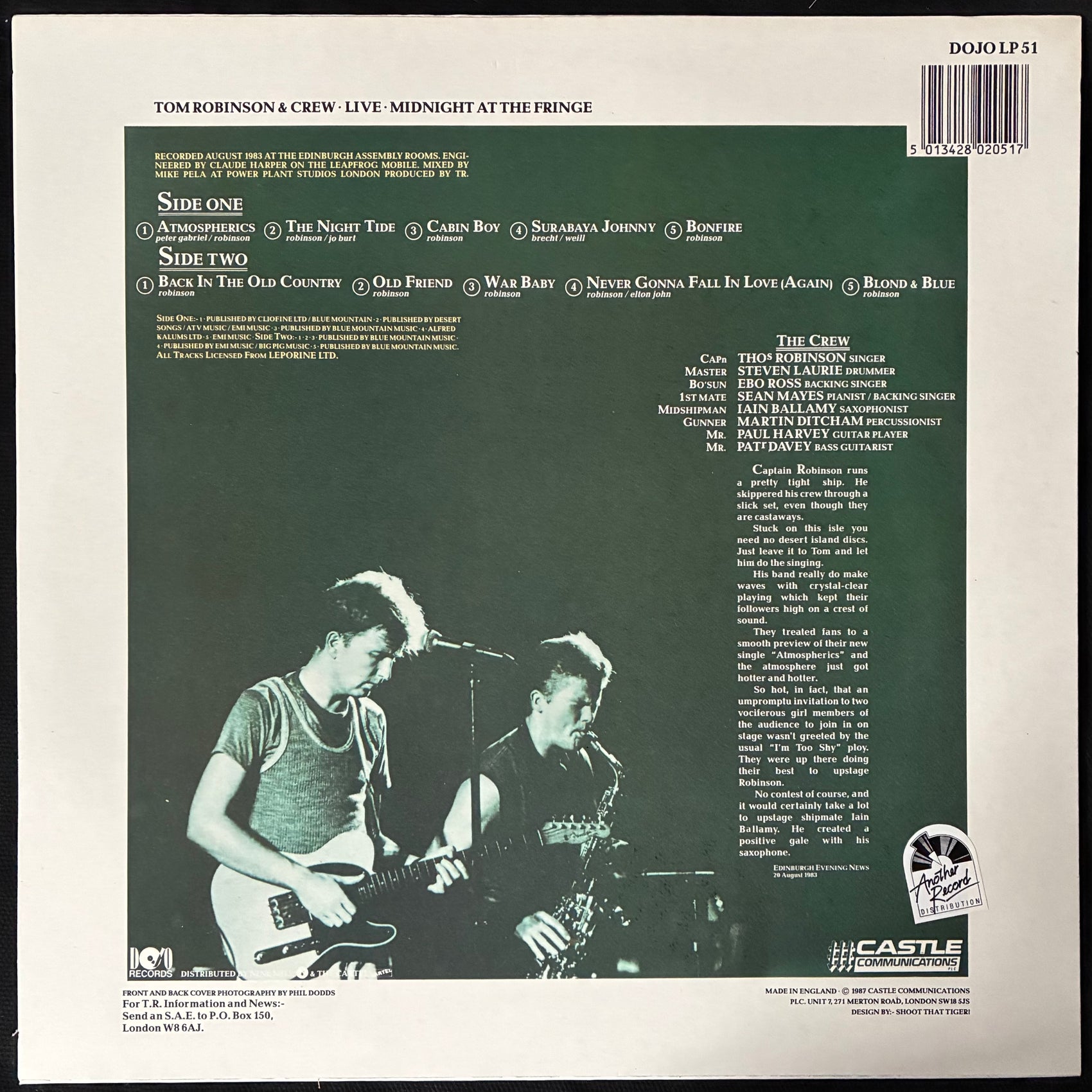 TOM ROBINSON AND CREW - LIVE : MIDNIGHT AT THE FRINGE (USED VINYL 1987 UK M-/EX+)