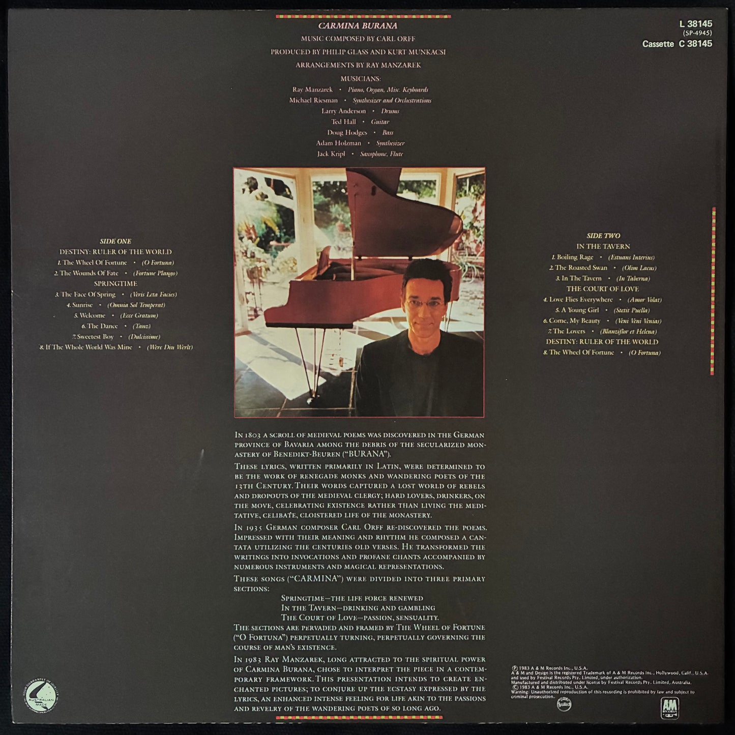 RAY MANZAREK - CARMINA BURANA (USED VINYL 1983 AUS M-/M-)