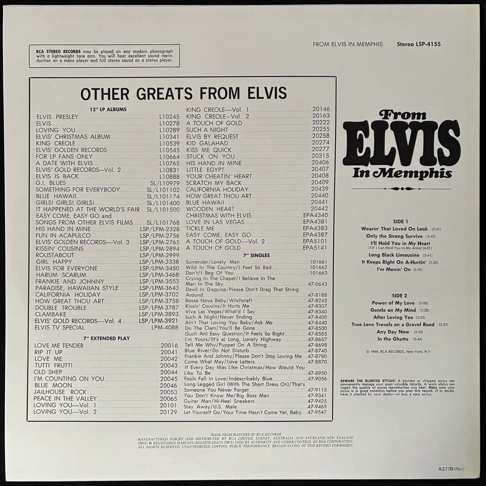 ELVIS PRESLEY - FROM ELVIS IN MEMPHIS (USED VINYL 1977 AUS M-/M-)
