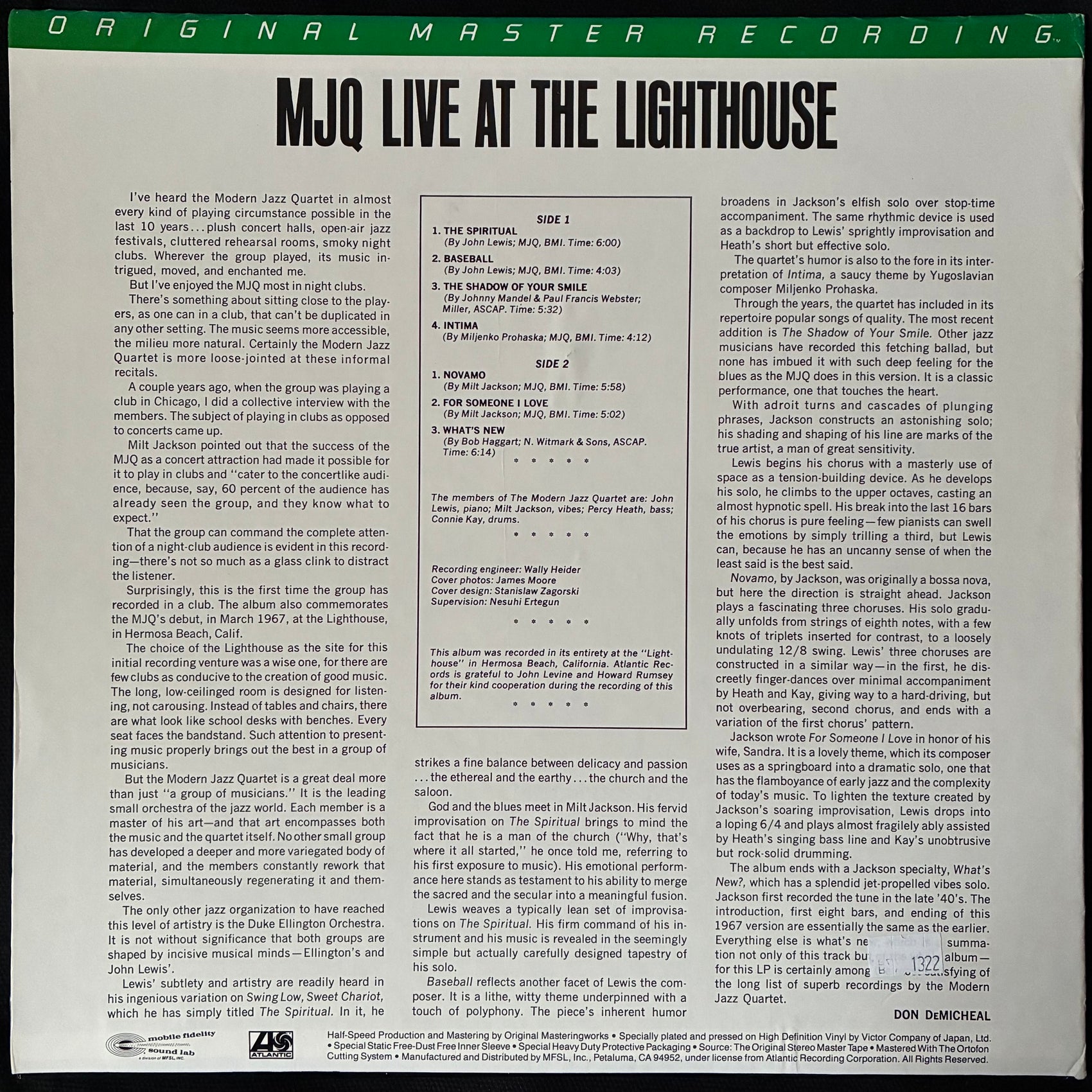 MJQ - LIVE AT THE LIGHTHOUSE (MFSL) (USED VINYL 1984 US M-/M-)