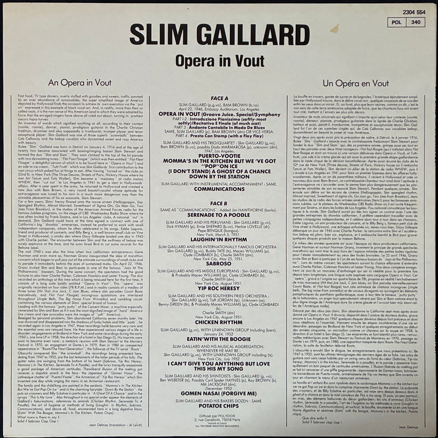 SLIM GAILLARD - OPERA IN VOUT (USED VINYL 1982 FRANCE M-/EX+)