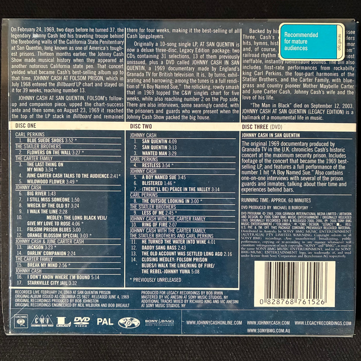 JOHNNY CASH - JOHNNY CASH AT SAN QUENTIN : LEGACY EDITION (2CD+DVD) (USED CD 2006 AUS M-/M-)