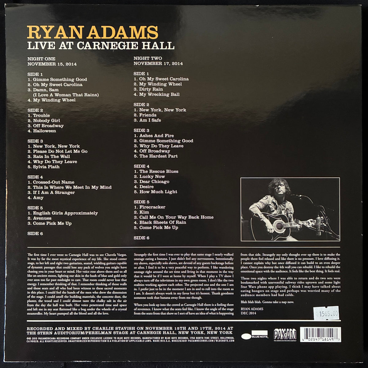 RYAN ADAMS - LIVE AT CARNEGIE HALL (6LP BOX SET) (USED VINYL 2014 US M-/M-)