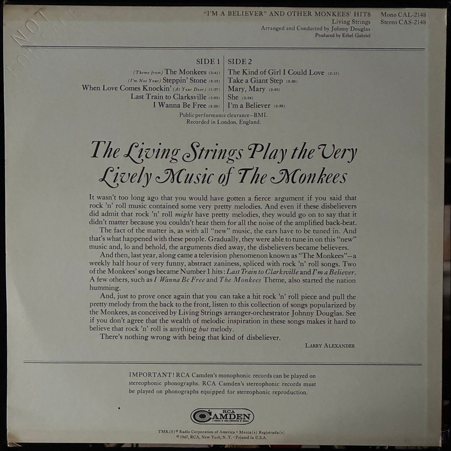MONKEES - THE LIVING STRINGS PLAY THE VERY LIVELY MUSIC OF THE MONKEES (USED VINYL 1967 US EX+/EX+)