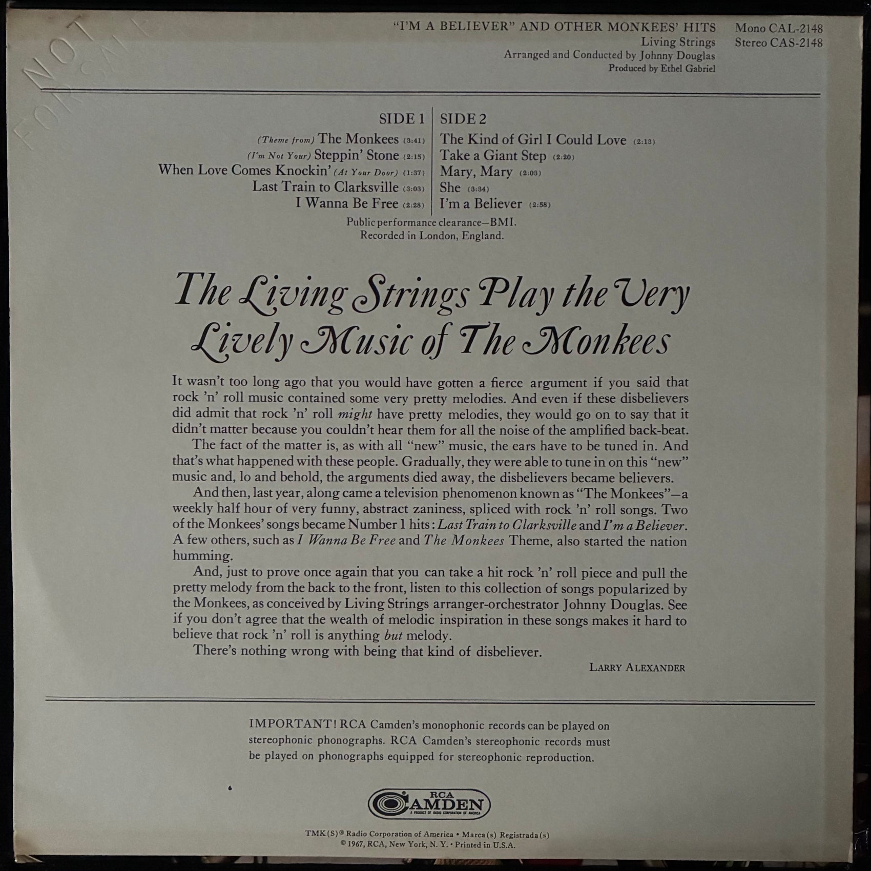 MONKEES - THE LIVING STRINGS PLAY THE VERY LIVELY MUSIC OF THE MONKEES (USED VINYL 1967 US EX+/EX+)