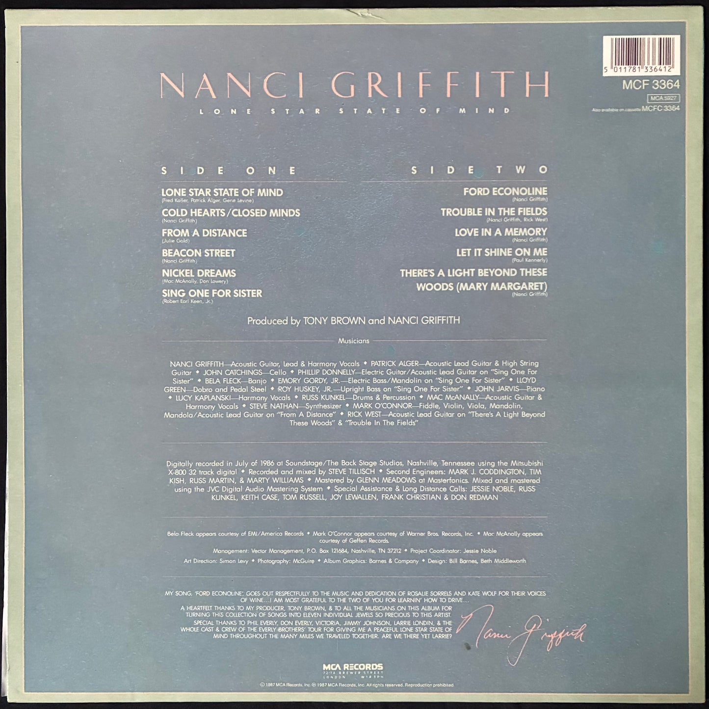 NANCI GRIFFITH - LONE STAR STATE OF MIND (USED VINYL 1987 AUS EX+/EX)