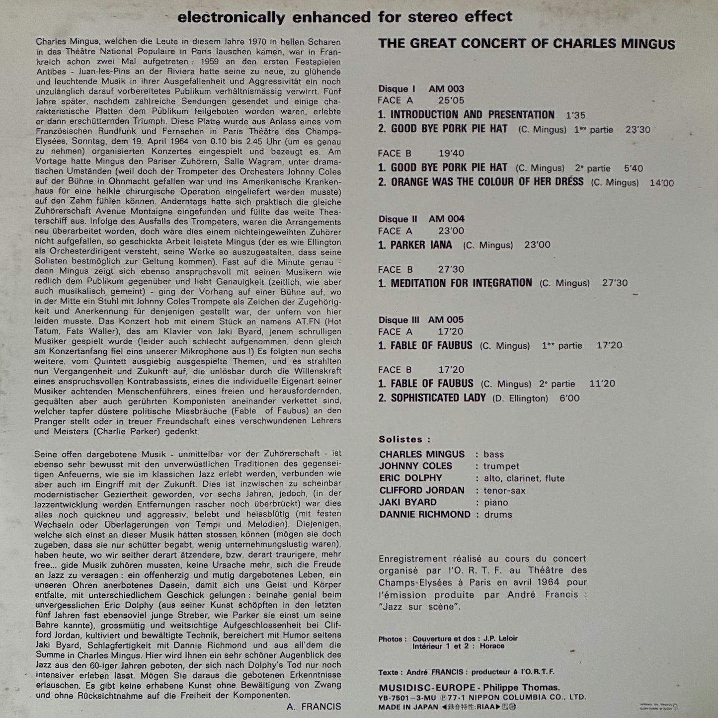 CHARLES MINGUS - THE GREAT CONCERT OF CHARLES MINGUS (3LP) (USED VINYL 1977 JAPAN M-/EX+)
