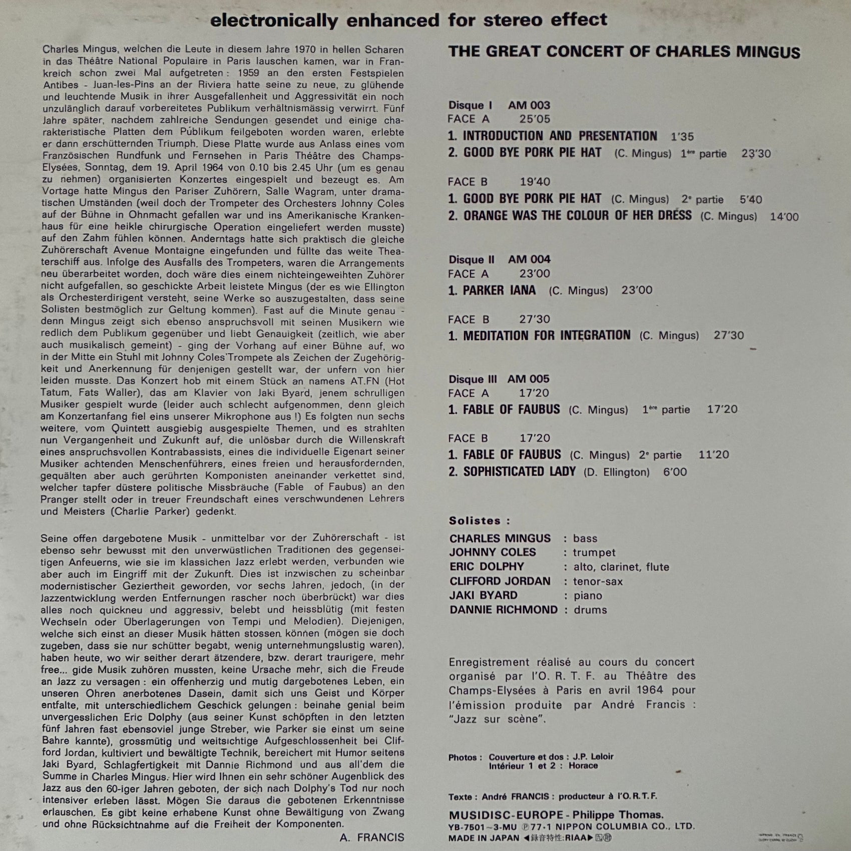 CHARLES MINGUS - THE GREAT CONCERT OF CHARLES MINGUS (3LP) (USED VINYL 1977 JAPAN M-/EX+)