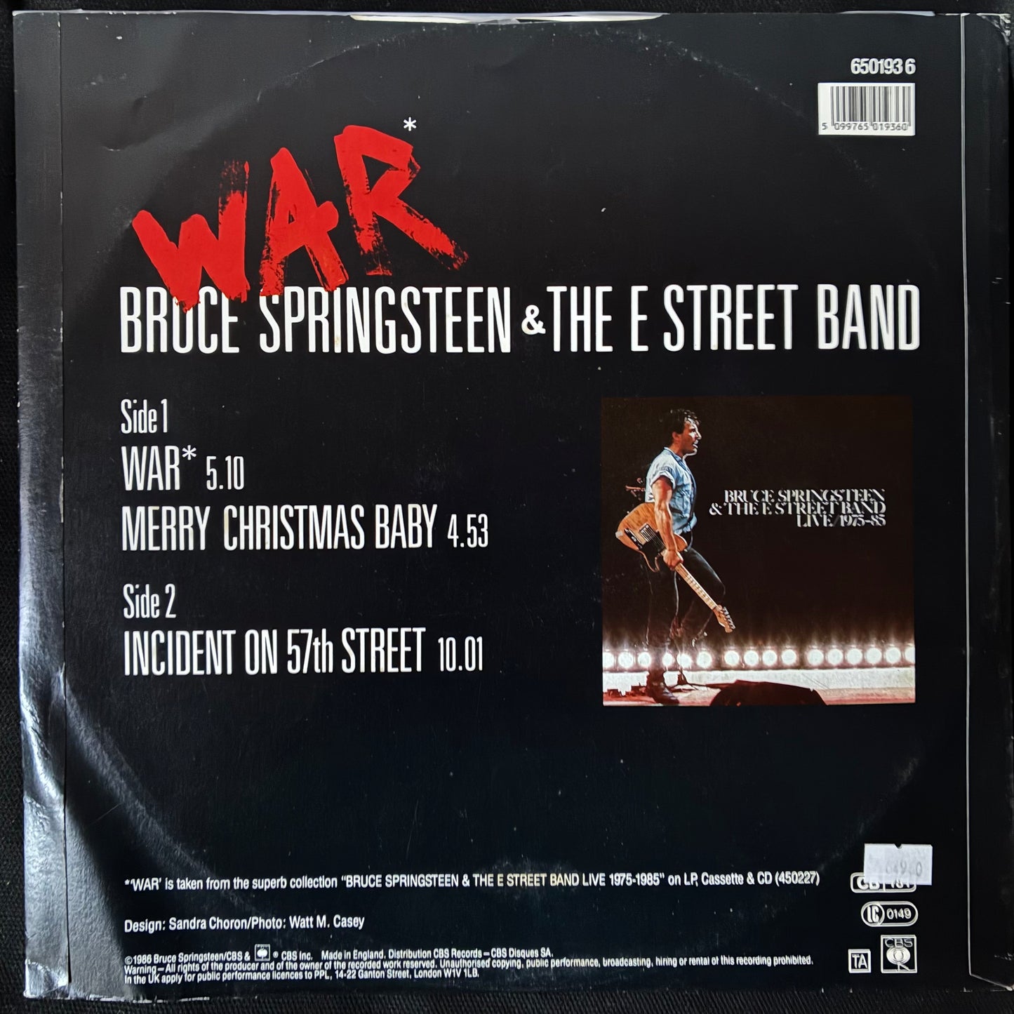 BRUCE SPRINGSTEEN & THE E STREET BAND - WAR (12" EP) (USED VINYL 1986 UK M-/EX+)