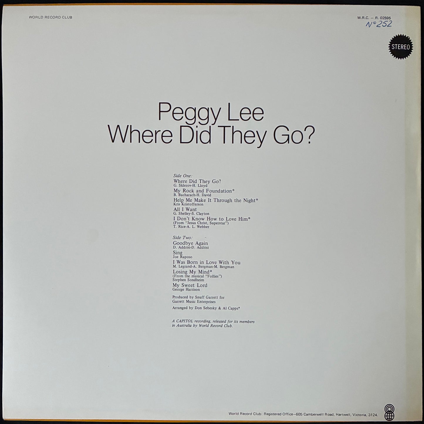 PEGGY LEE - WHERE DID THEY GO? (USED VINYL 1976 AUS M-/EX)