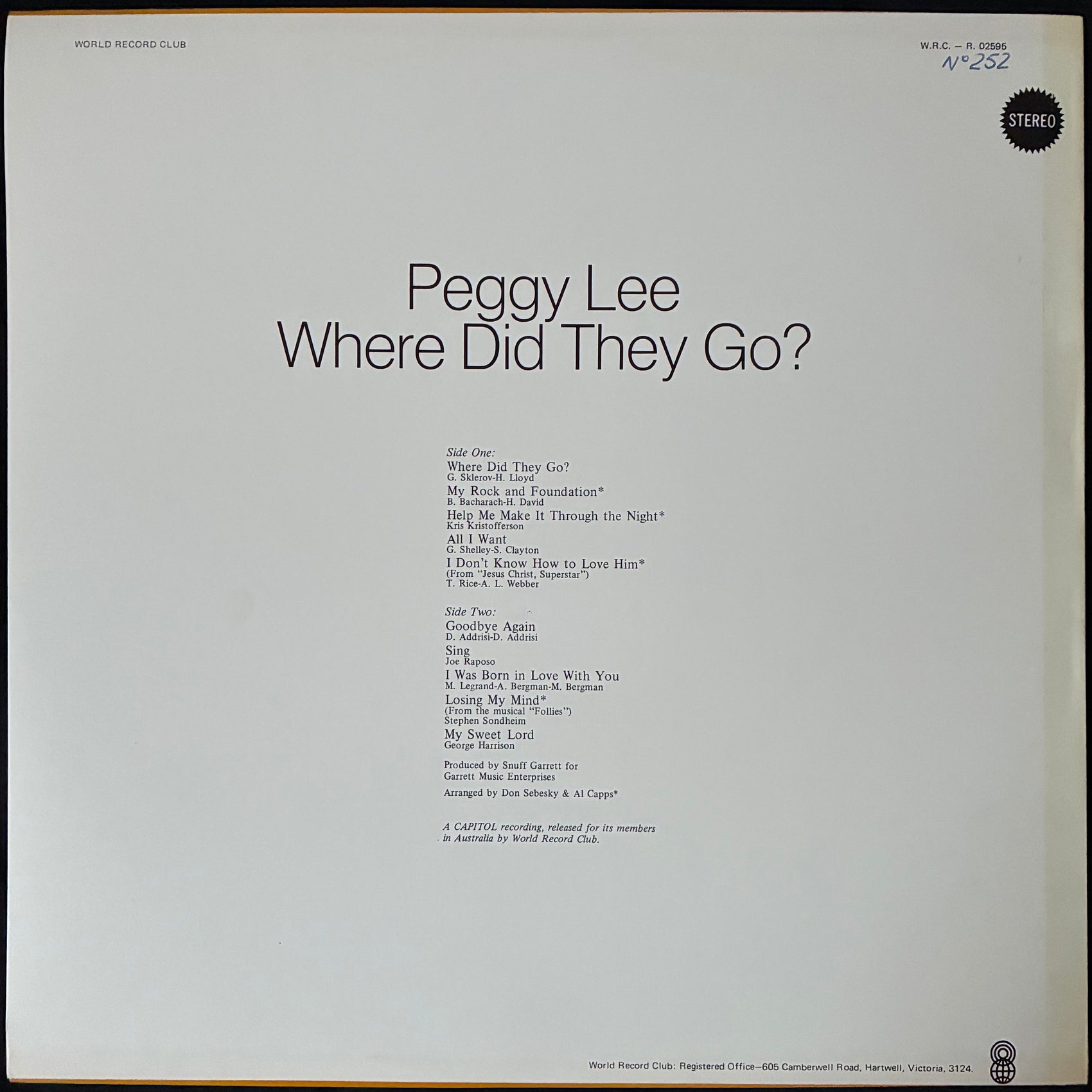 PEGGY LEE - WHERE DID THEY GO? (USED VINYL 1976 AUS M-/EX)