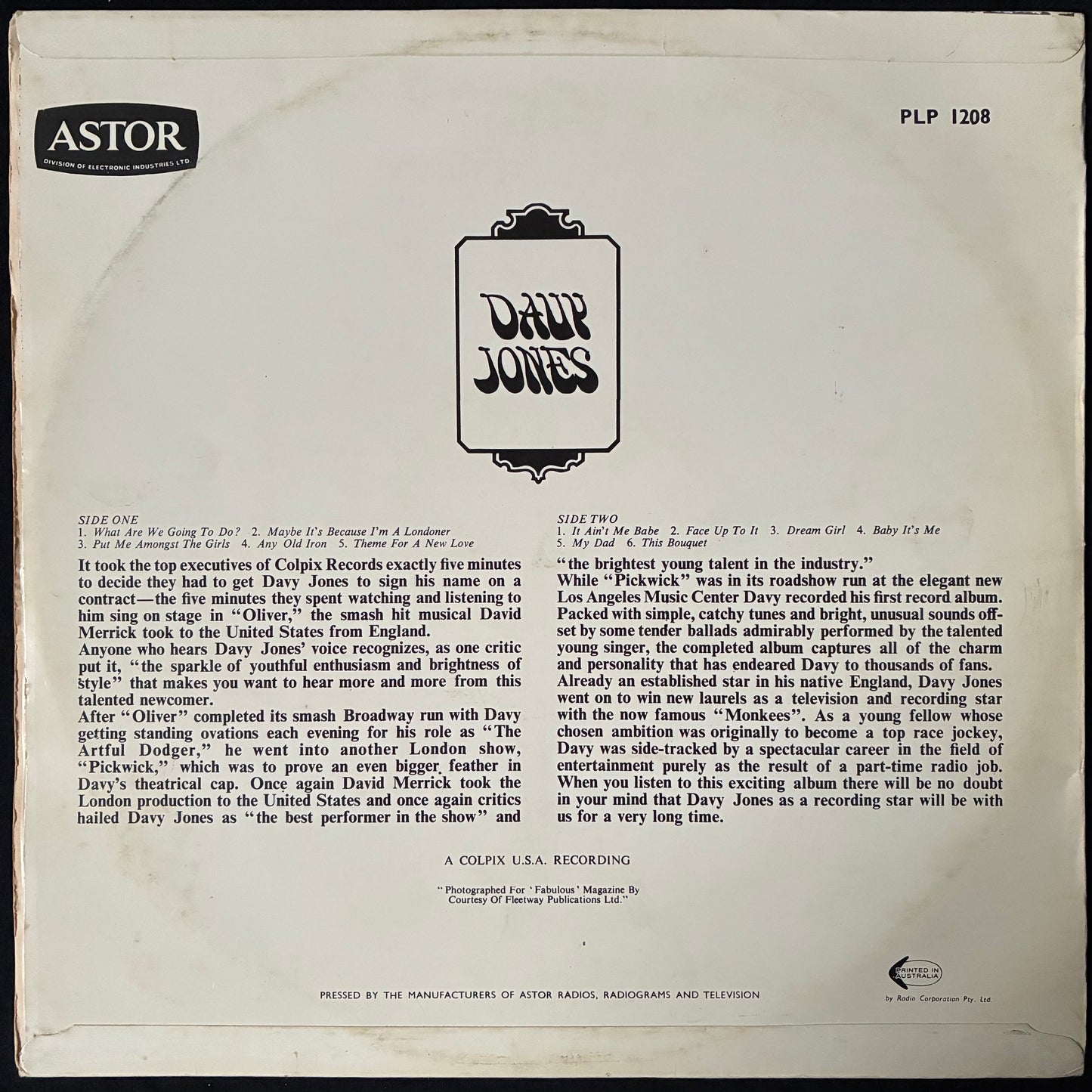 DAVY JONES - DAVY JONES (LP+SIGNED PAPER) (USED VINYL 1967 AUS EX/EX-)