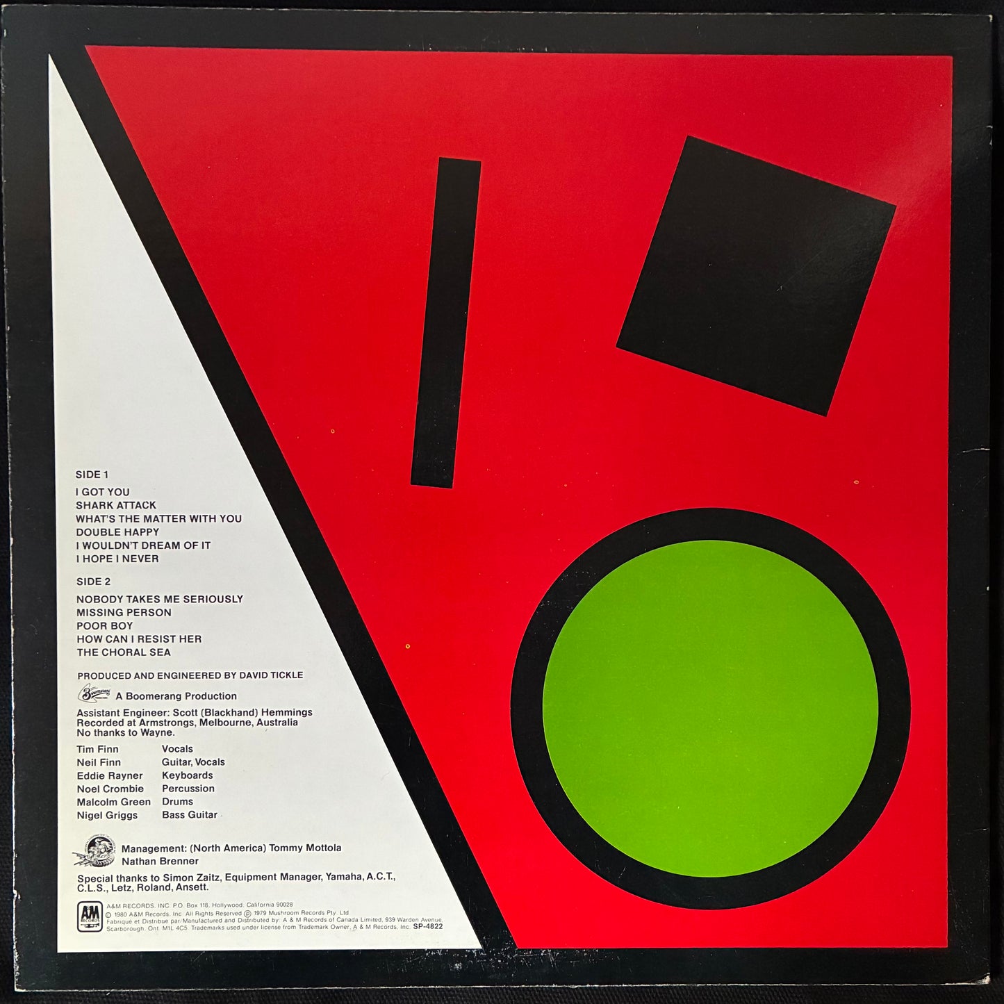 SPLIT ENZ - TRUE COLOURS (USED VINYL 1980 CANADA M-/EX+)