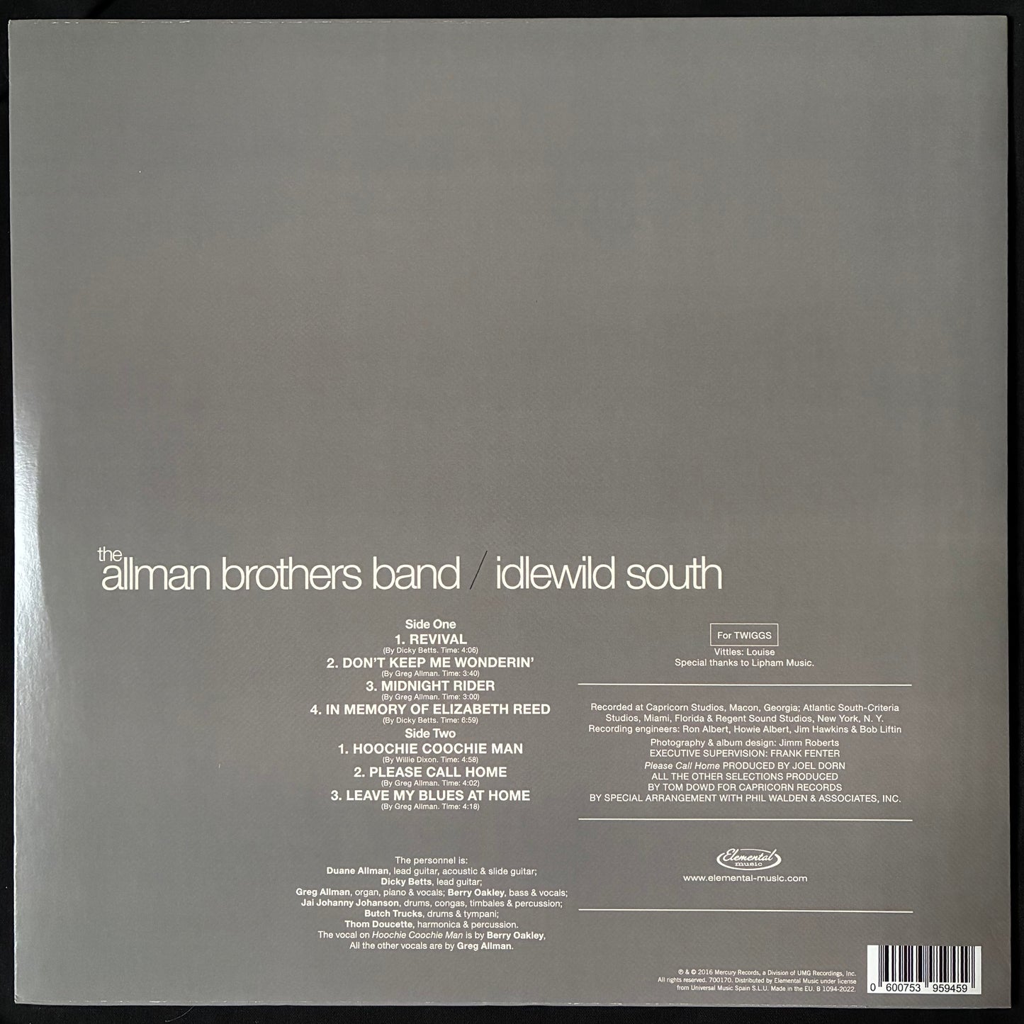 ALLMAN BROTHERS BAND - IDLEWILD SOUTH (USED VINYL 2016 EU M-/M-)