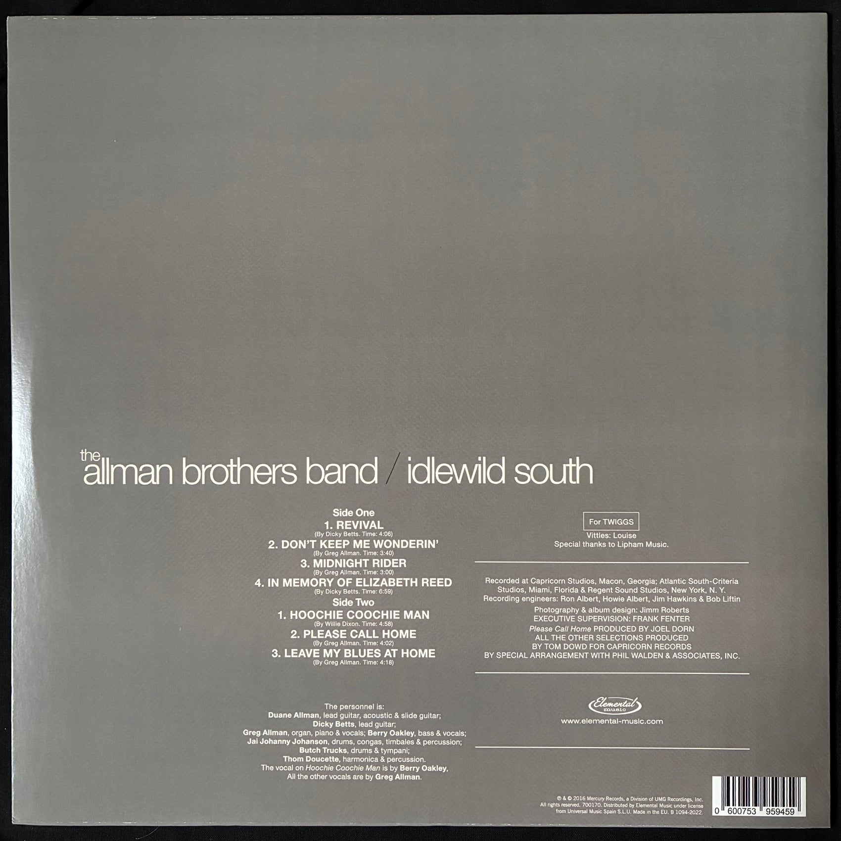 ALLMAN BROTHERS BAND - IDLEWILD SOUTH (USED VINYL 2016 EU M-/M-)