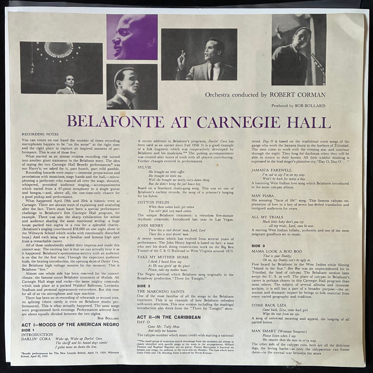 HARRY BELAFONTE - BELAFONTE AT CARNEGIE HALL : THE COMPLETE CONCERT (2LP BOX SET) (USED VINYL 1959 AUS M-/EX)
