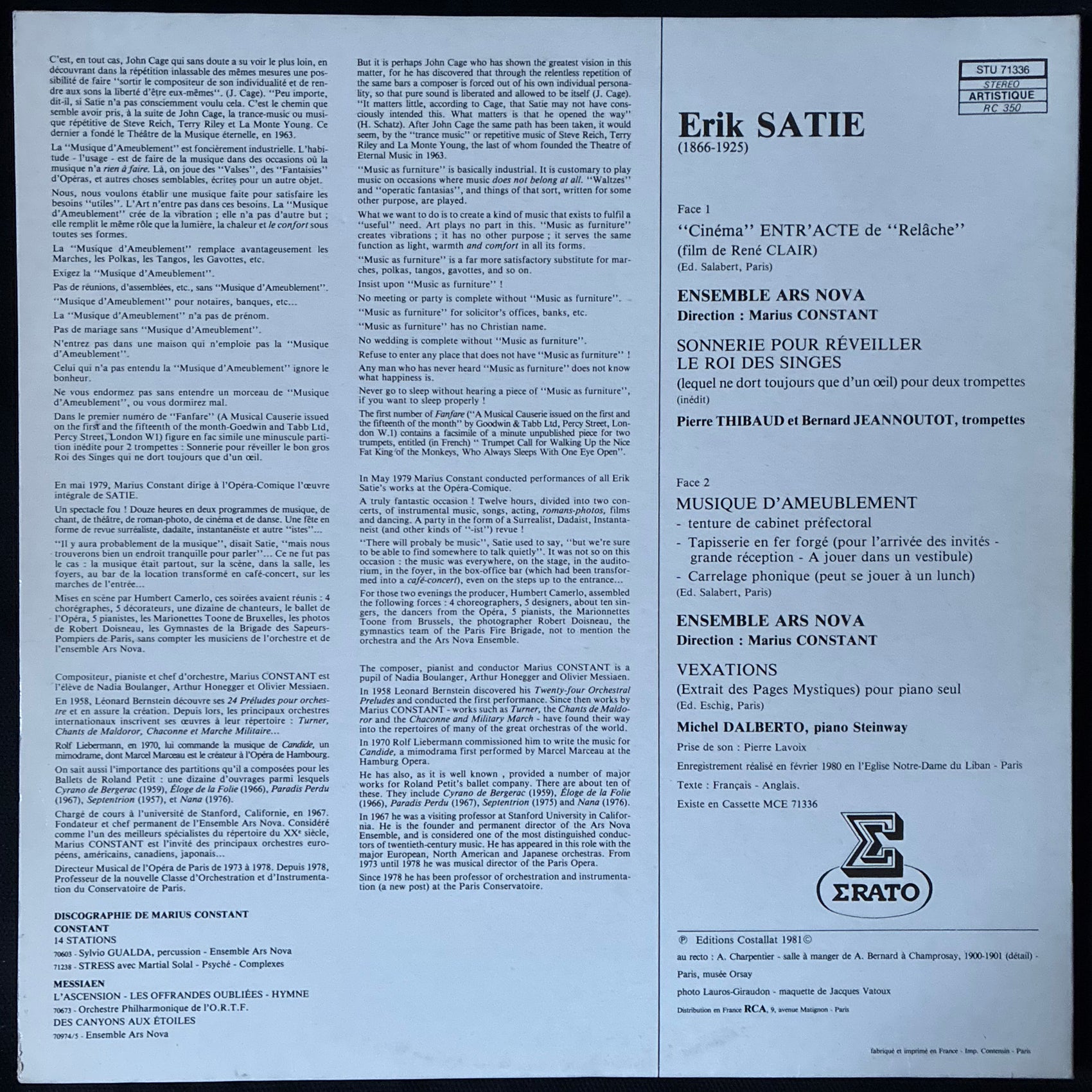 ERIK SATIE - ENTRACTE MUSIQUE D'AMEUBLEMENT SONNERIE POUR REVEILLER LE ROI DES SINGES VEXATIONS (USED VINYL 1981 FRANCE M-/M-)