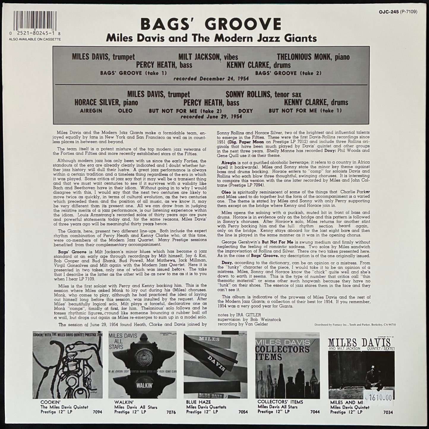 MILES DAVIS - BAGS'GROOVE (USED VINYL 2015 US M-/M-)
