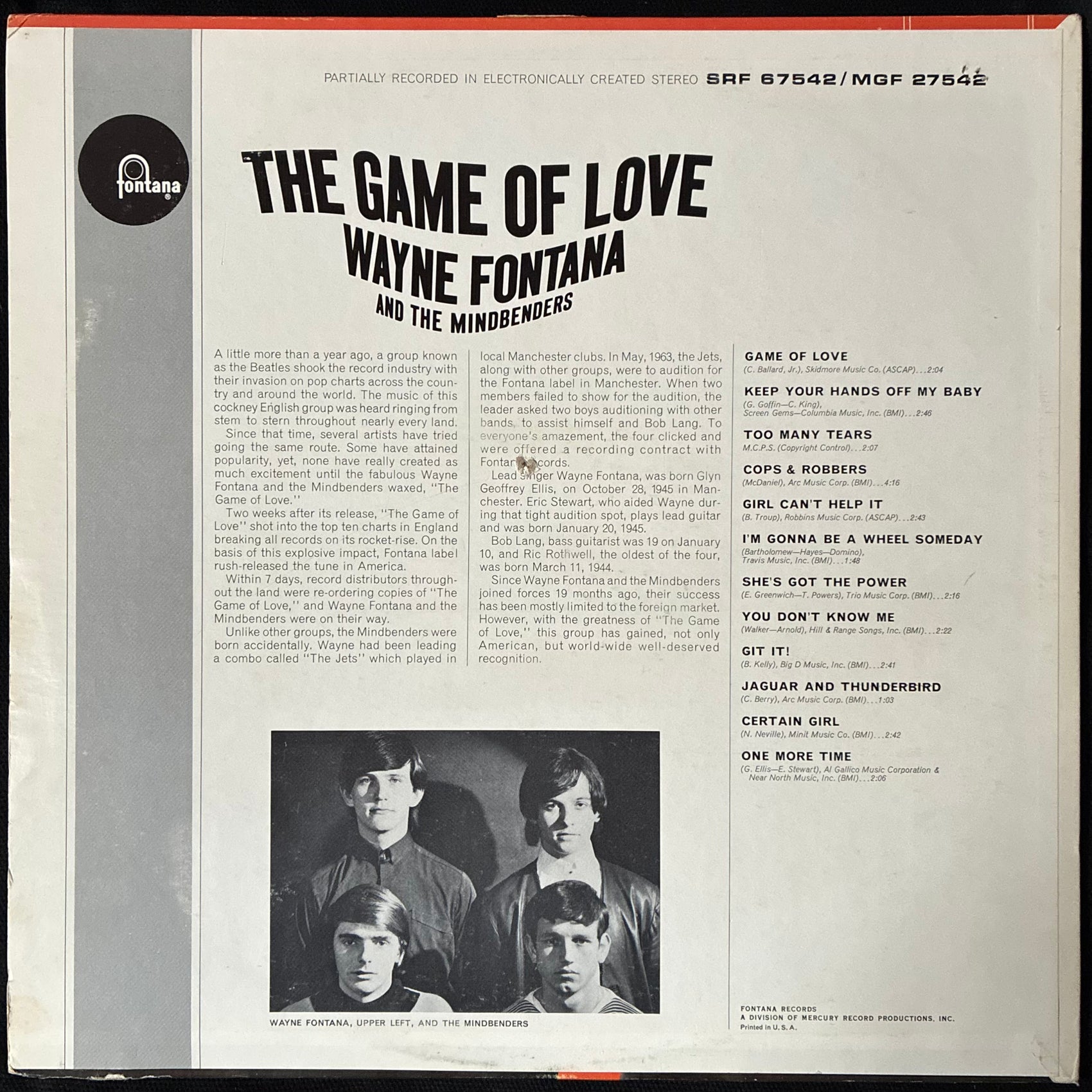 WAYNE FONTANA AND THE MINDBENDERS - THE GAME OF LOVE (USED VINYL 1965 US EX+/EX-)