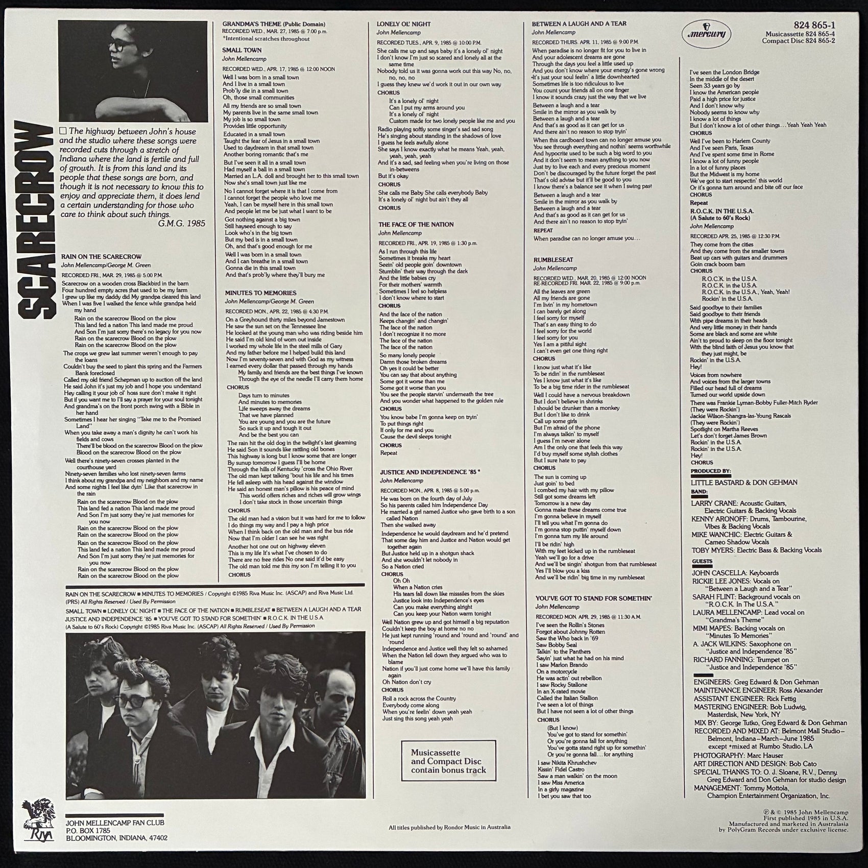 JOHN COUGAR MELLENCAMP - SCARECROW (USED VINYL 1985 AUS M-/M-)